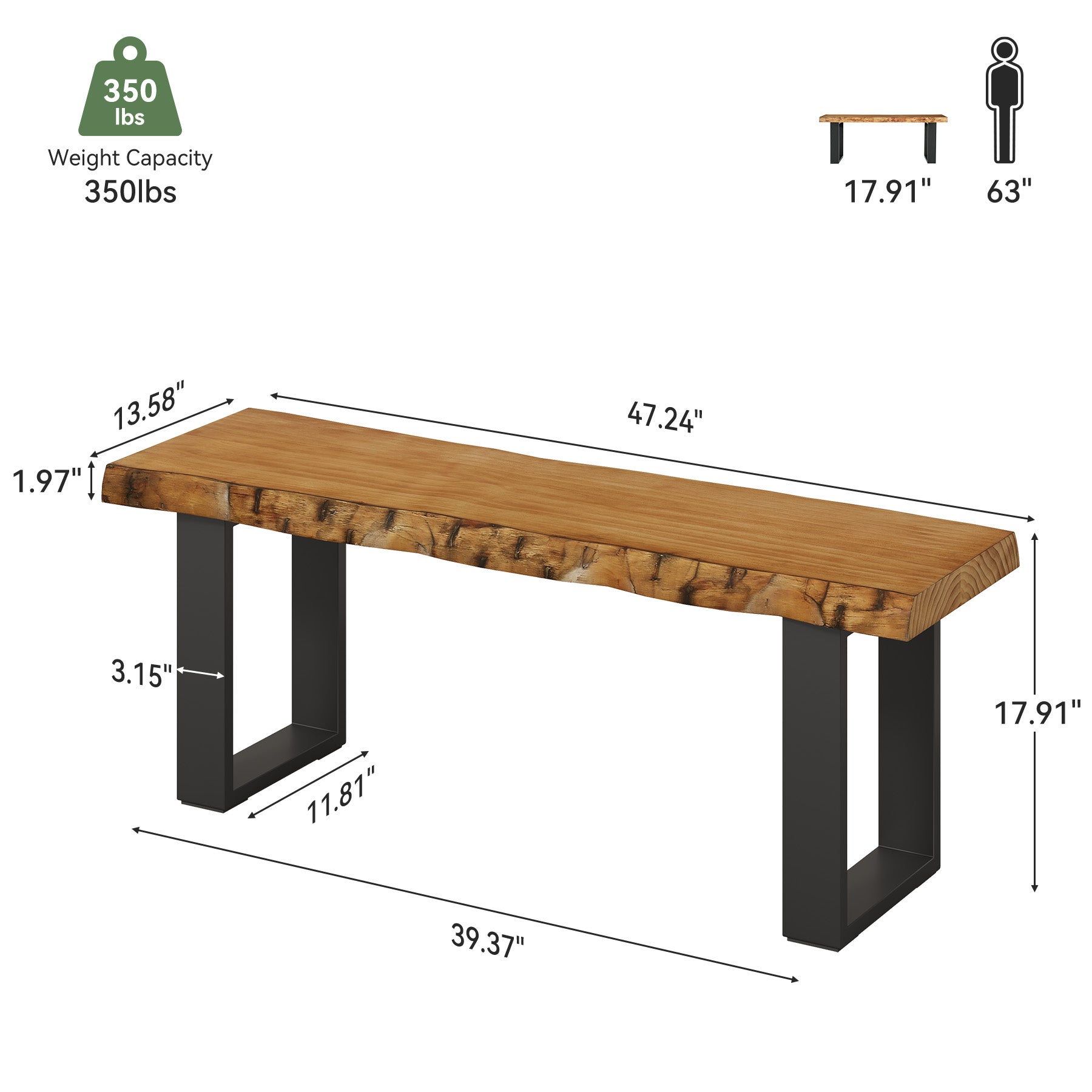 Tribesigns 47.24-Inch Industrial Entryway Bench with Solid Wood Seat, Narrow Shoe Bench for Bedroom and Hallway