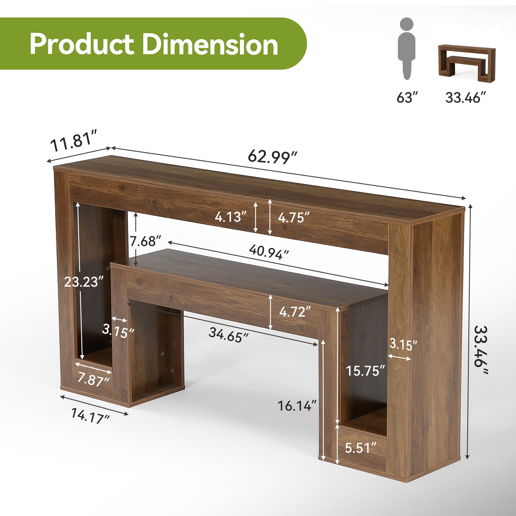 Tribesigns 63-Inch Rustic Console Table with 2-Tier Shelf, Narrow Sofa Table for Entryway and Living Room