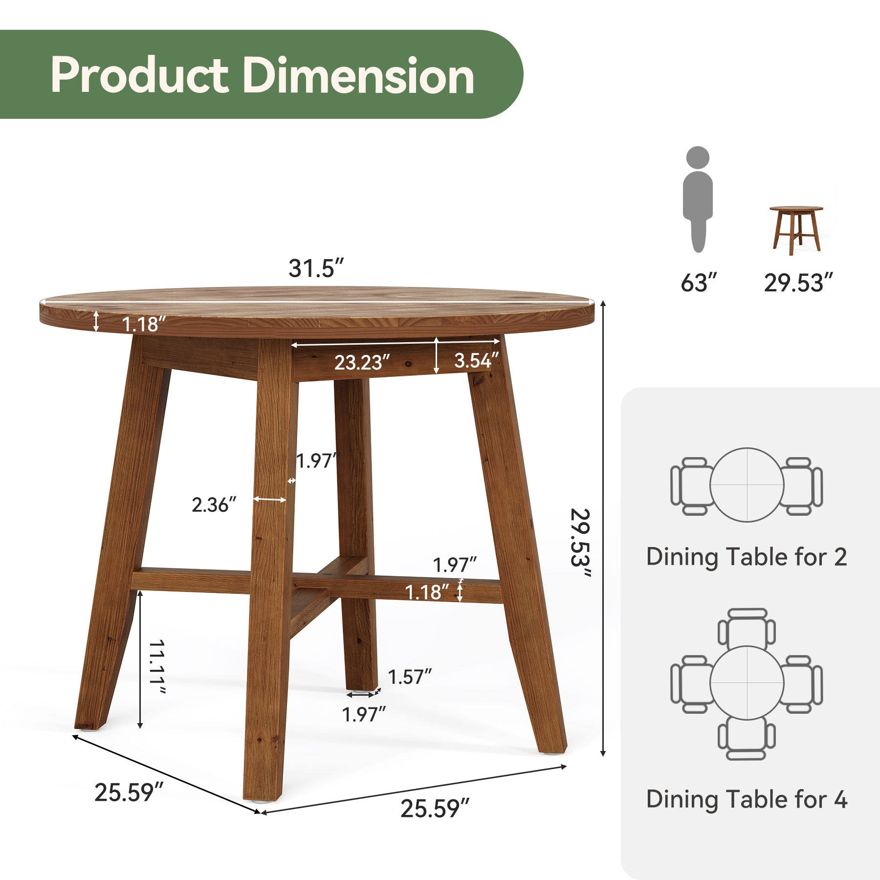 31.5 Inch Solid Wood Round Dining Table for 2–4, Farmhouse Small Kitchen Table for Small Spaces