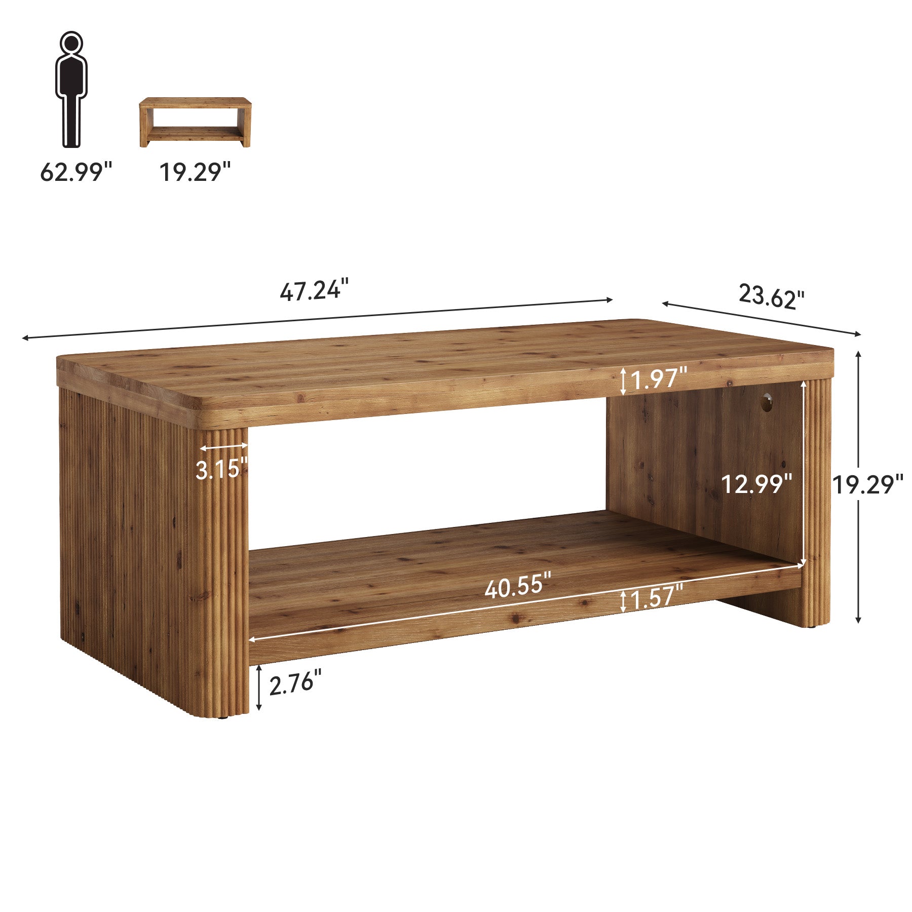 47.24" Solid Wood Coffee Table in Rustic Brown, Modern Fluted Low Rectangle Center Table with 2-Tier Storage
