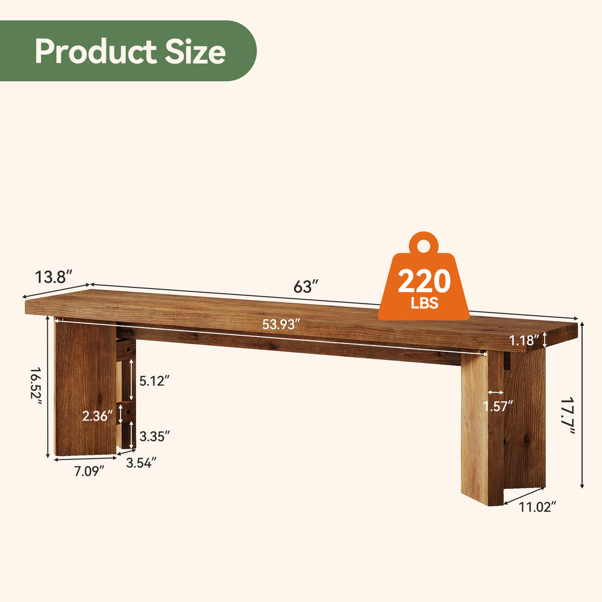 Tribesigns 63 Inch Solid Wood Entryway Bench with Thickened Legs
