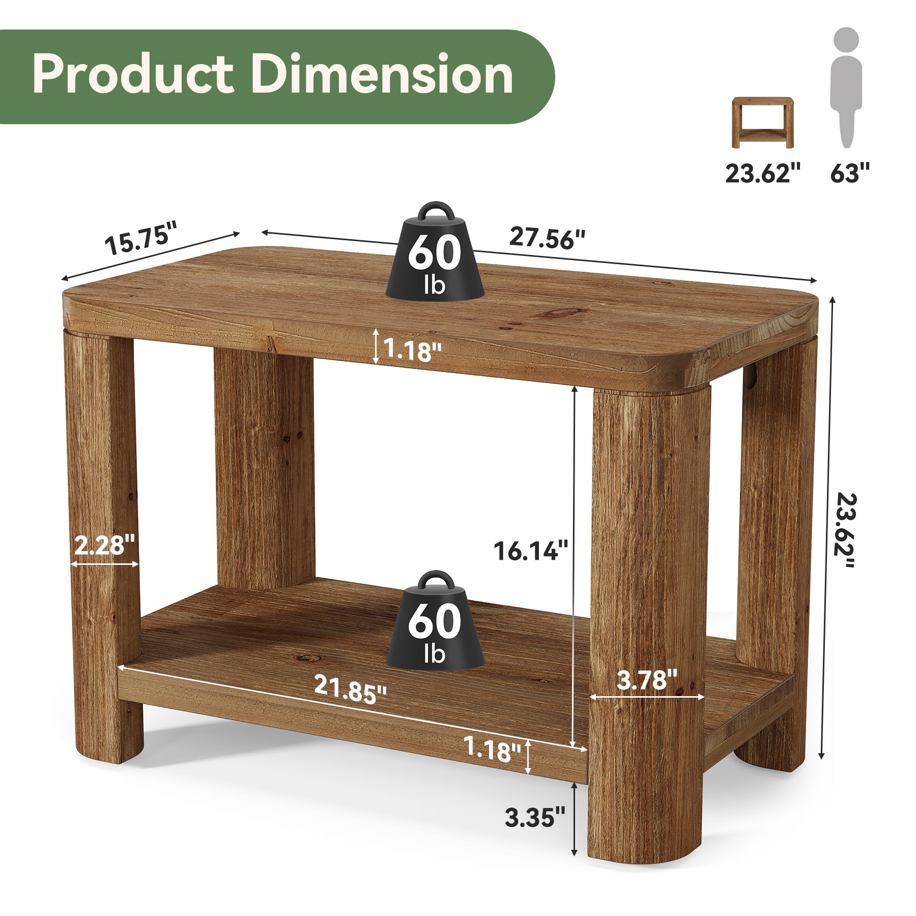 Tribesigns 27 Inch Solid Wood Side Table with 2-Tier Shelf, Farmhouse Bedside Table for Bedroom