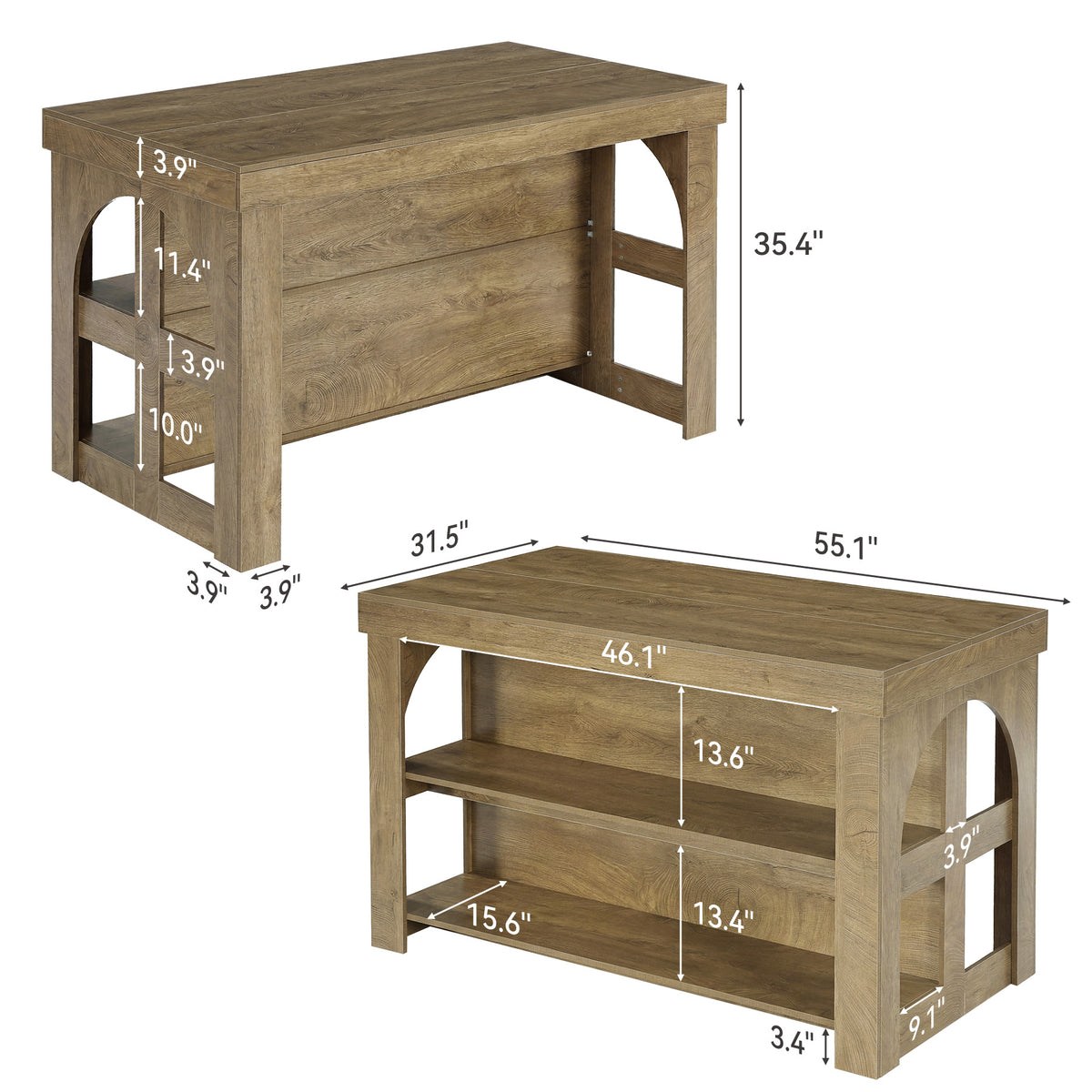 Tribesigns Solid Wood Kitchen Island Table with Storage Shelves, Farmhouse Counter Height Island
