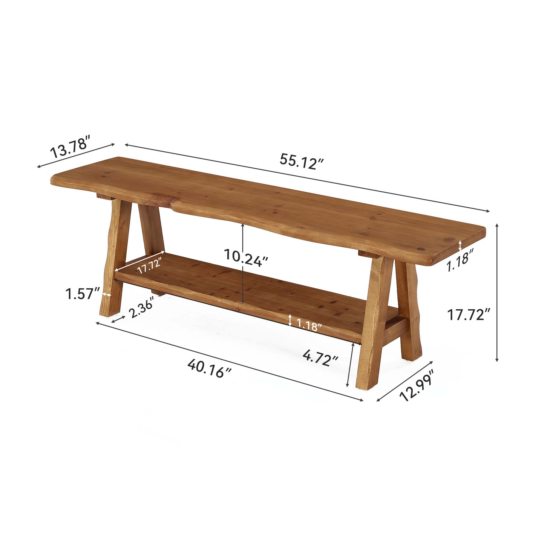 Tribesigns 55-Inch Solid Wood Entryway Bench with Live-Edge, 2-Tier Shoe Storage for Bedroom