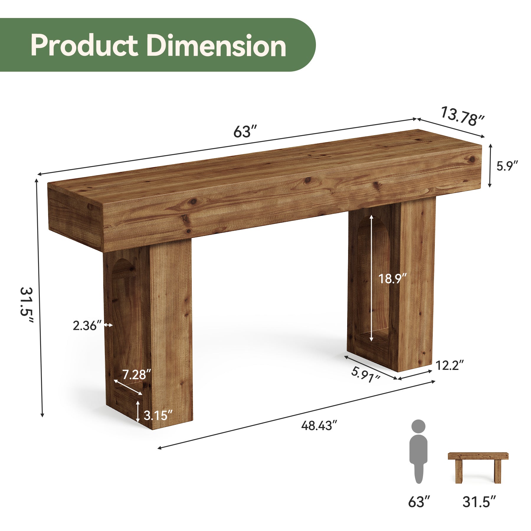 63" Solid Wood Console Table for Entryway, Farmhouse Sofa Table Behind Couch for Living Room