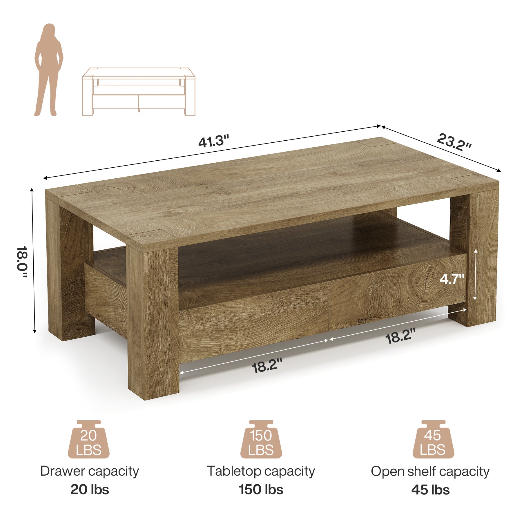 Tribesigns 47-Inch Coffee Table with Storage, Farmhouse Center Table with Drawers & Open Shelf
