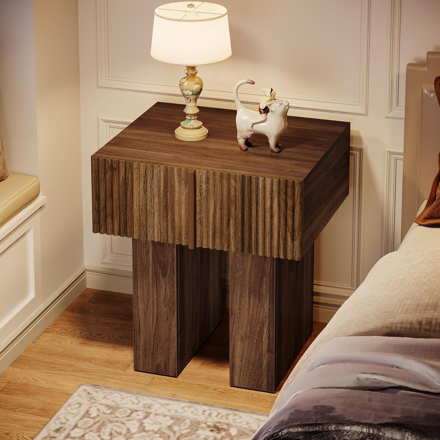 18" Fluted Nightstand - Modern Wooden Bedside Table w/Storage Drawer