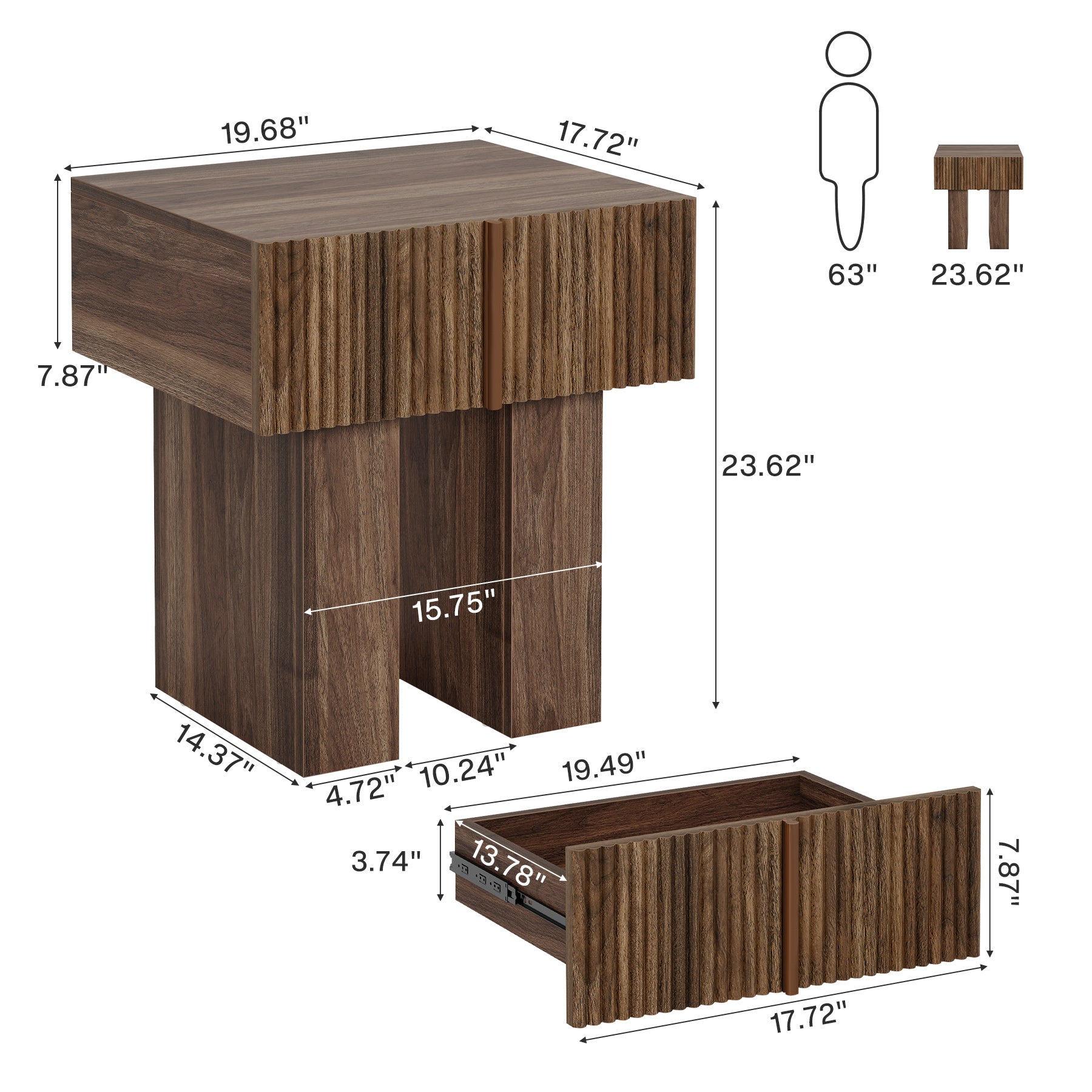 18" Fluted Nightstand - Modern Wooden Bedside Table w/Storage Drawer
