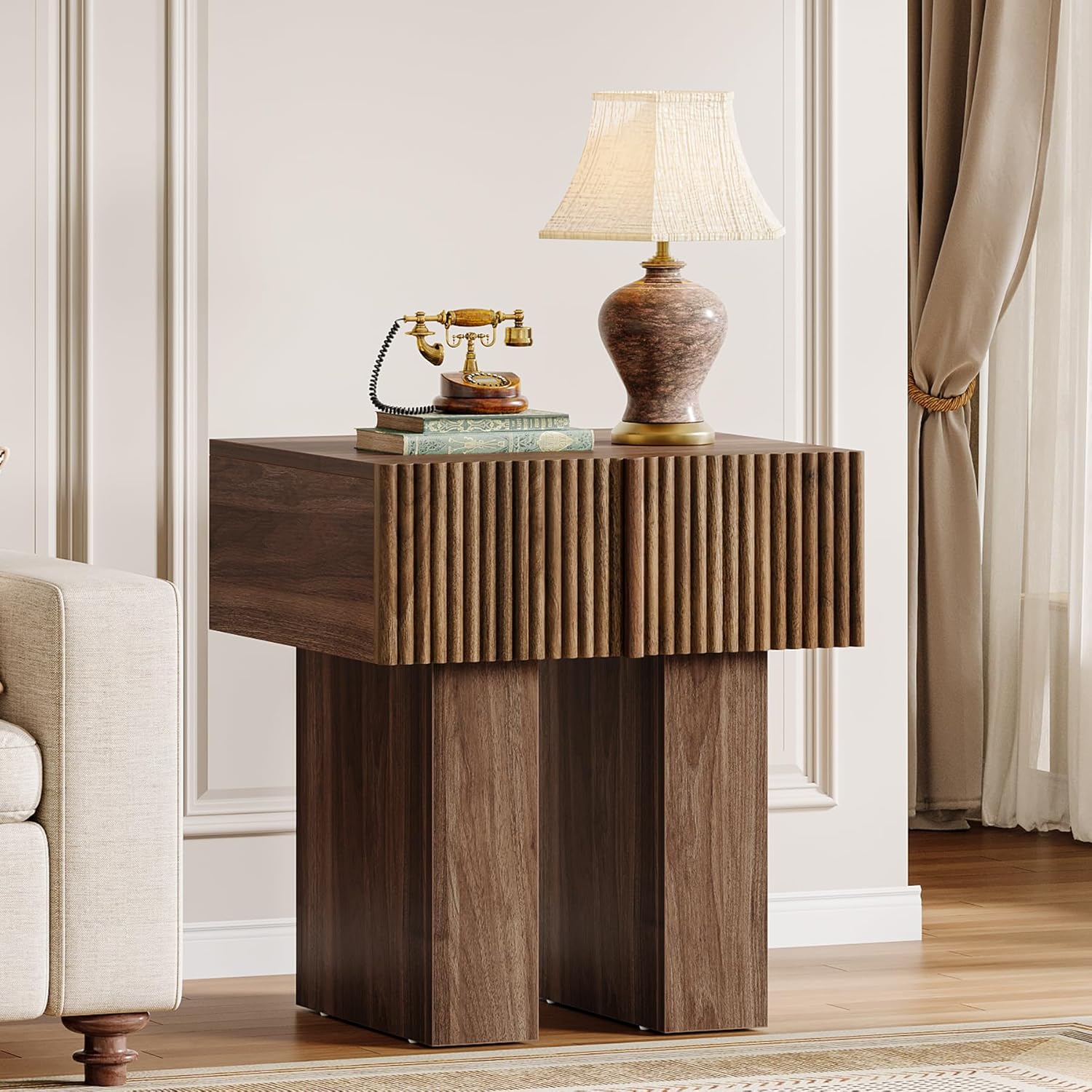 18" Fluted Nightstand - Modern Wooden Bedside Table w/Storage Drawer