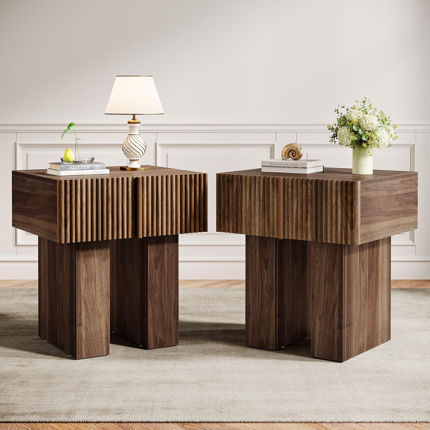 18" Fluted Nightstand - Modern Wooden Bedside Table w/Storage Drawer