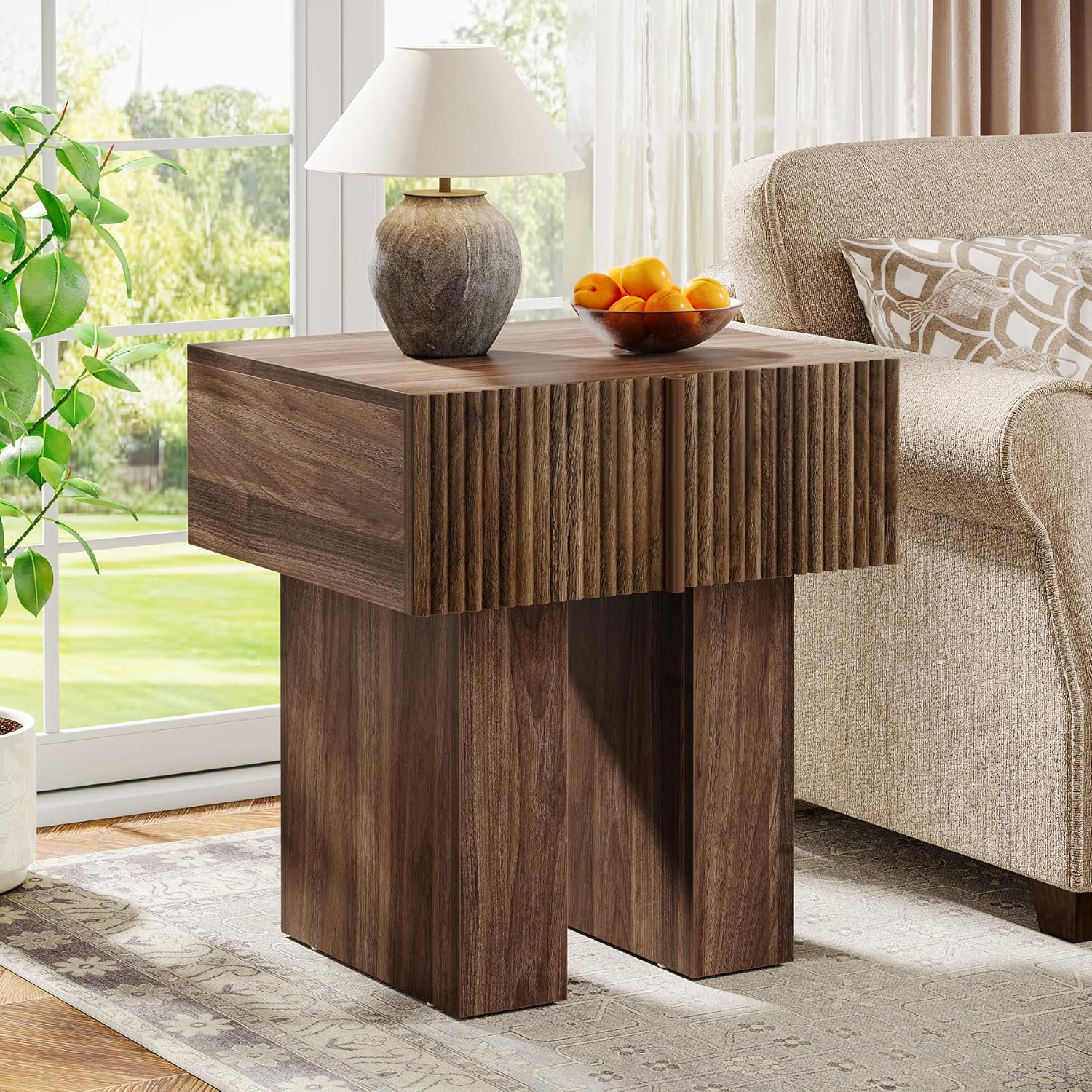 18" Fluted Nightstand - Modern Wooden Bedside Table w/Storage Drawer