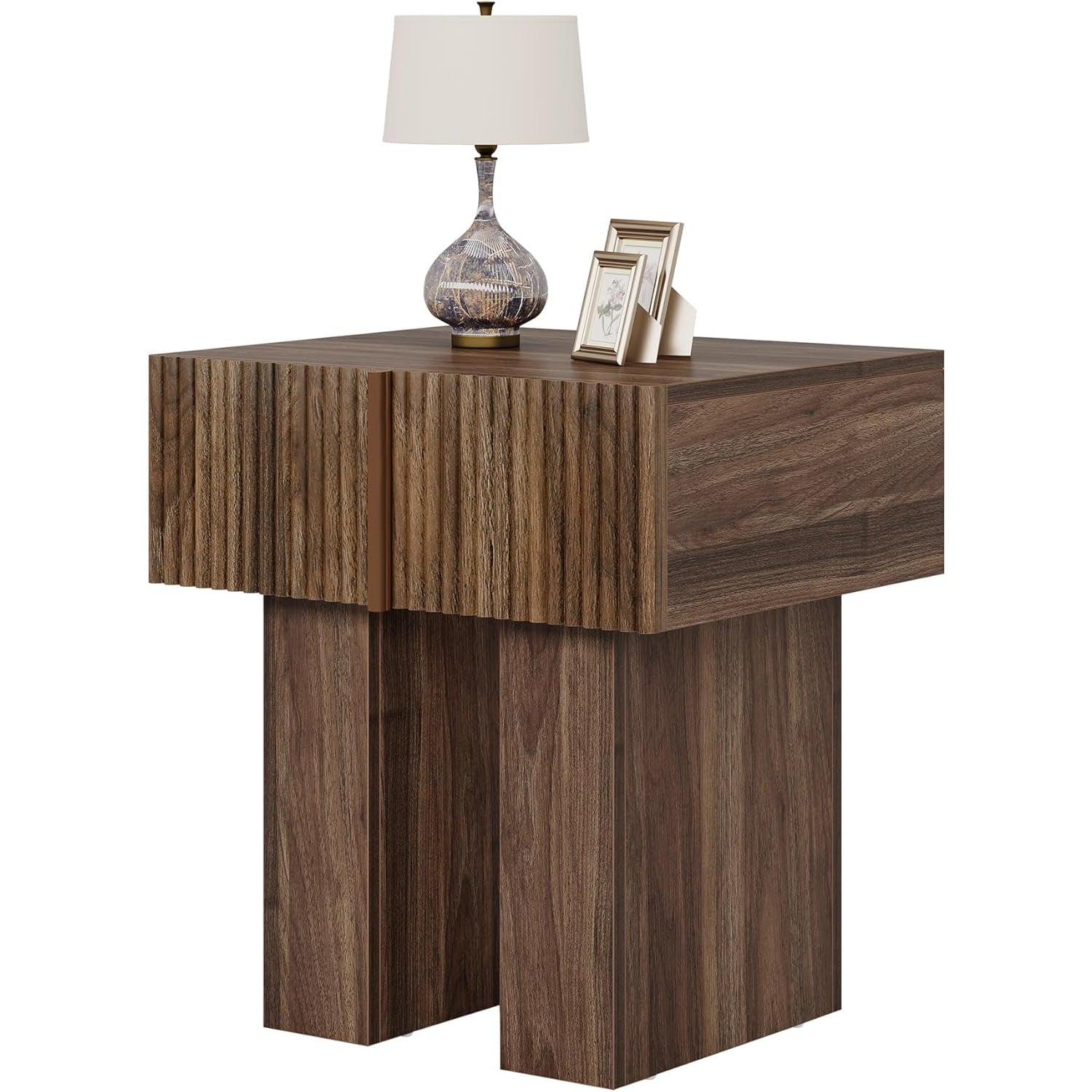 18" Fluted Nightstand - Modern Wooden Bedside Table w/Storage Drawer