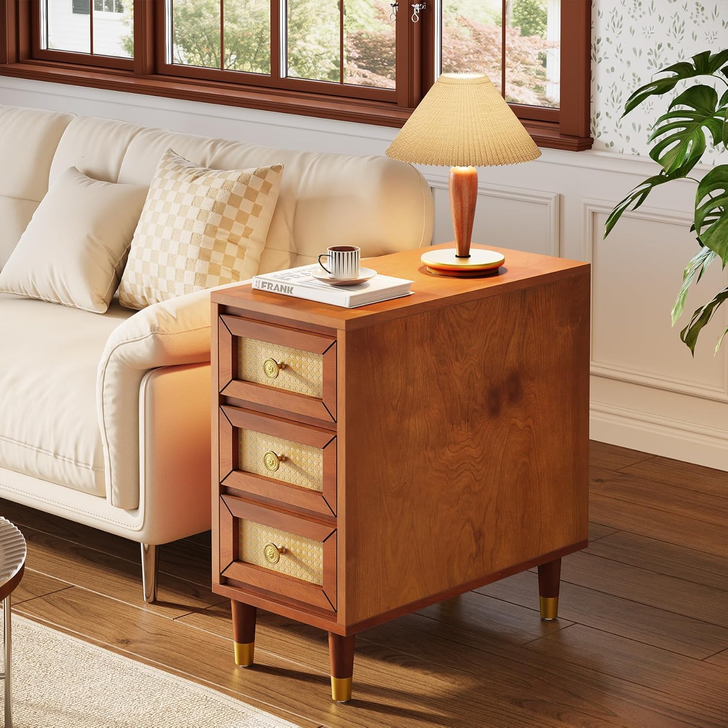 18" Mid-Century End Table - Solid Wood 3-Drawer Nightstand w/Rattan Front