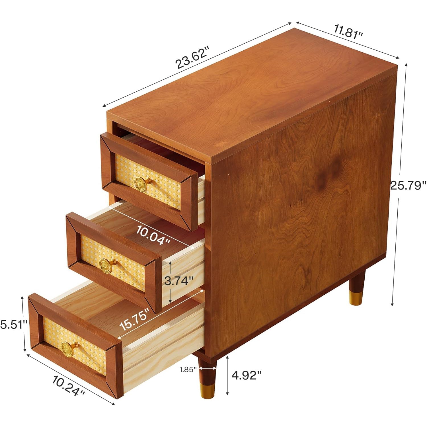 18" Mid-Century End Table - Solid Wood 3-Drawer Nightstand w/Rattan Front