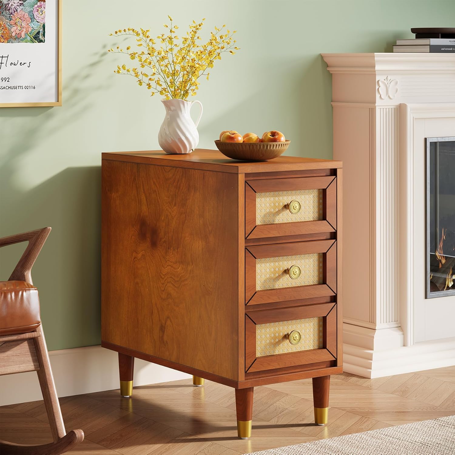 18" Mid-Century End Table - Solid Wood 3-Drawer Nightstand w/Rattan Front
