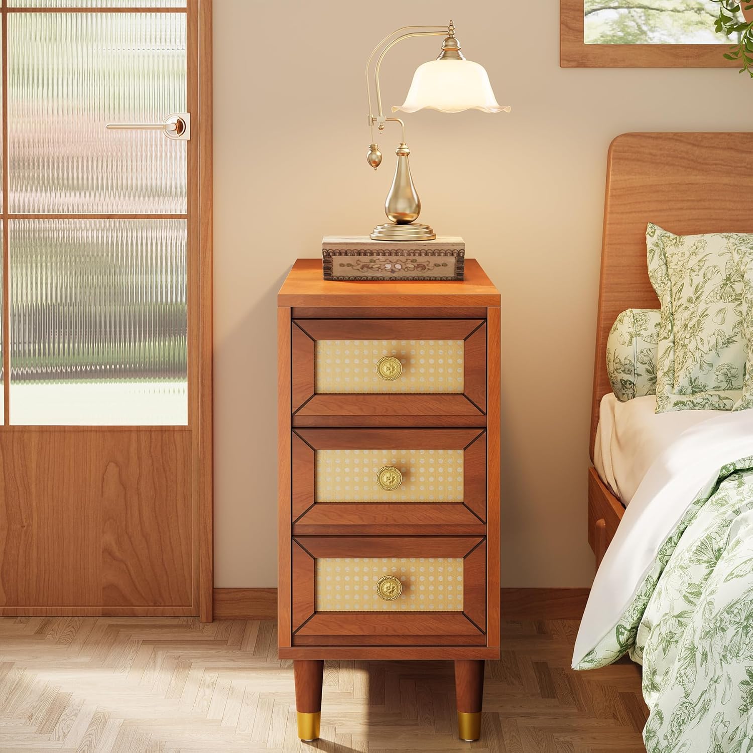 18" Mid-Century End Table - Solid Wood 3-Drawer Nightstand w/Rattan Front