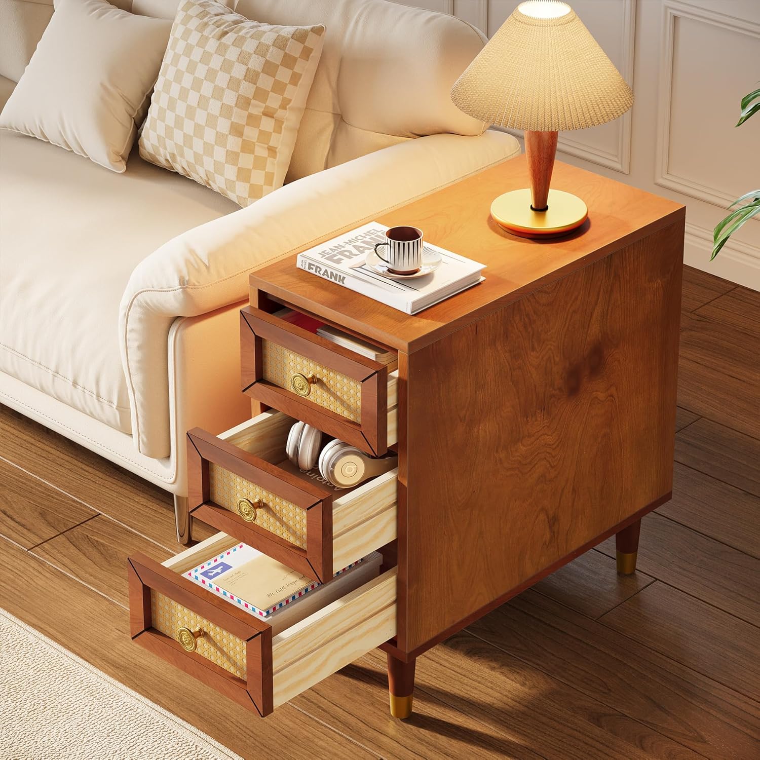 18" Mid-Century End Table - Solid Wood 3-Drawer Nightstand w/Rattan Front