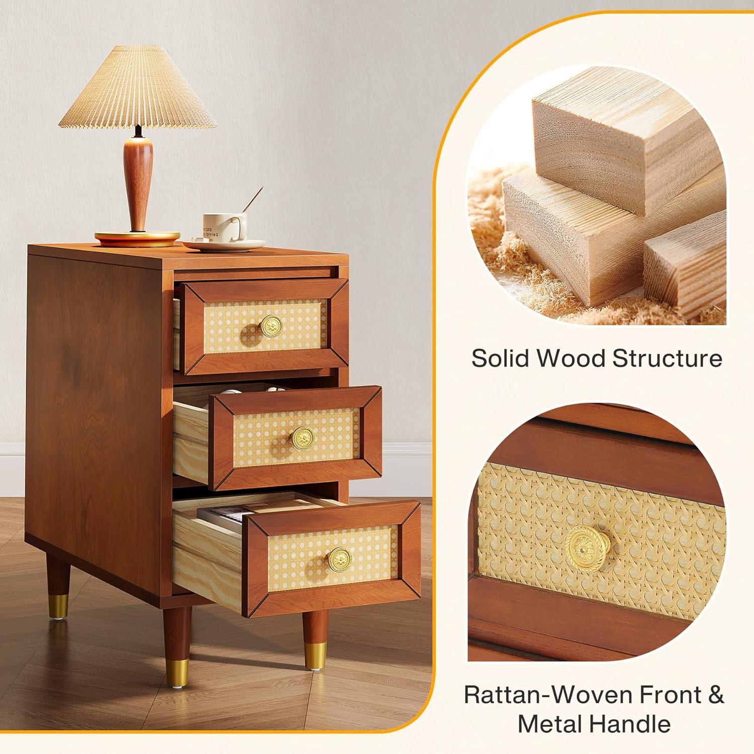 18" Mid-Century End Table - Solid Wood 3-Drawer Nightstand w/Rattan Front