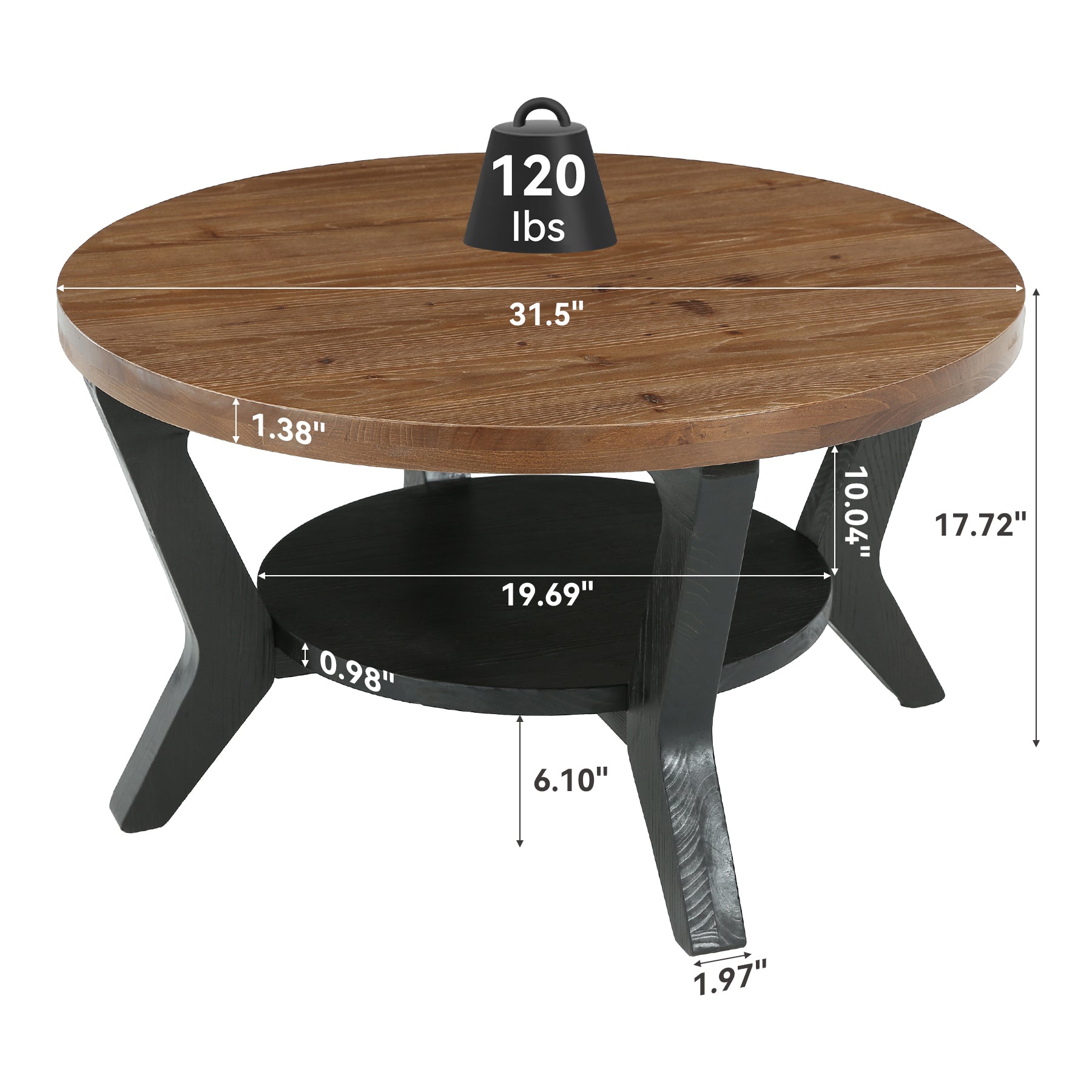 Tribesigns 31.5-Inch Solid Fir Wood Coffee Table with 2-Tier Storage, Round Table for Living Room