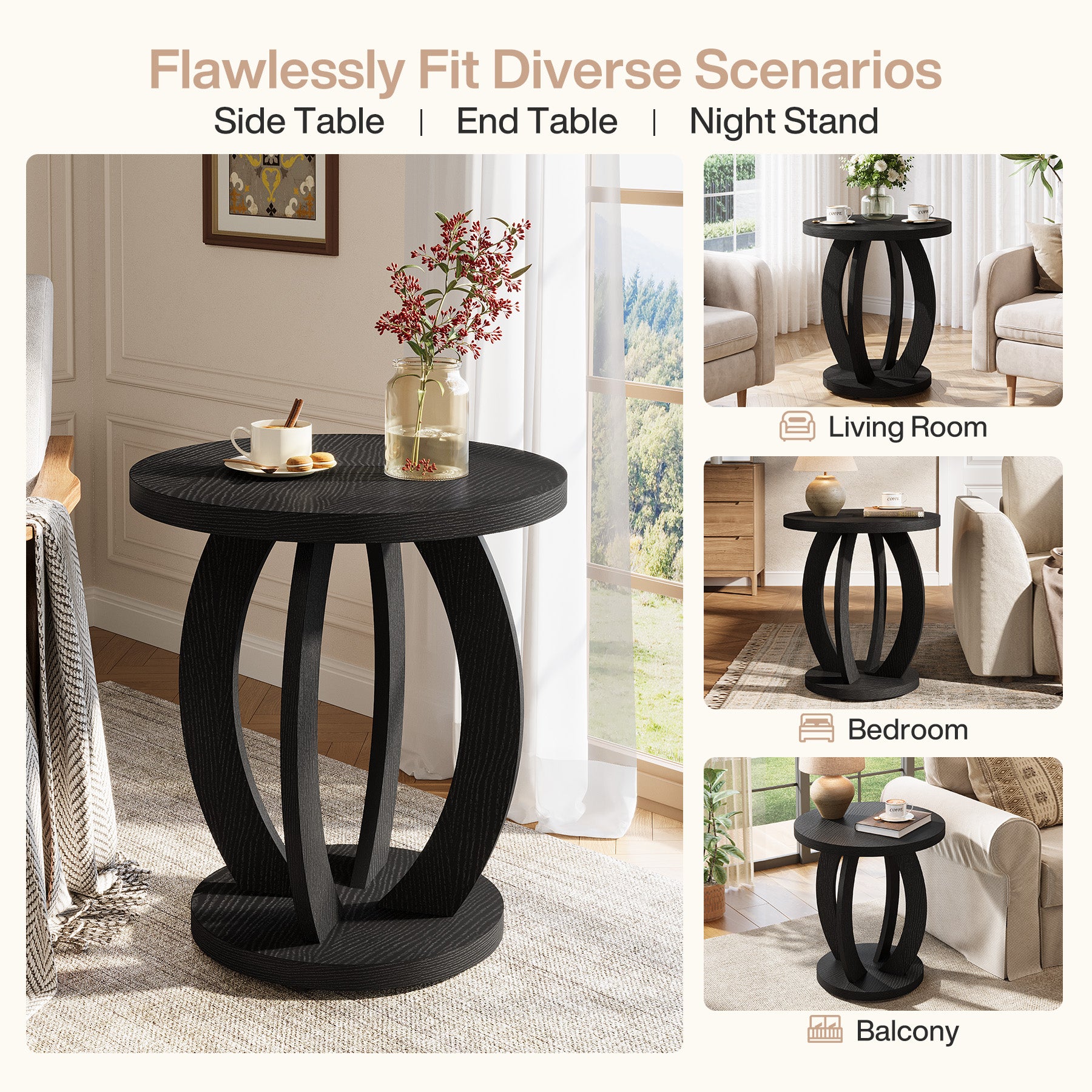 24" Round Farmhouse Nightstand - Bedside Table with Storage, Wood Base, Brown