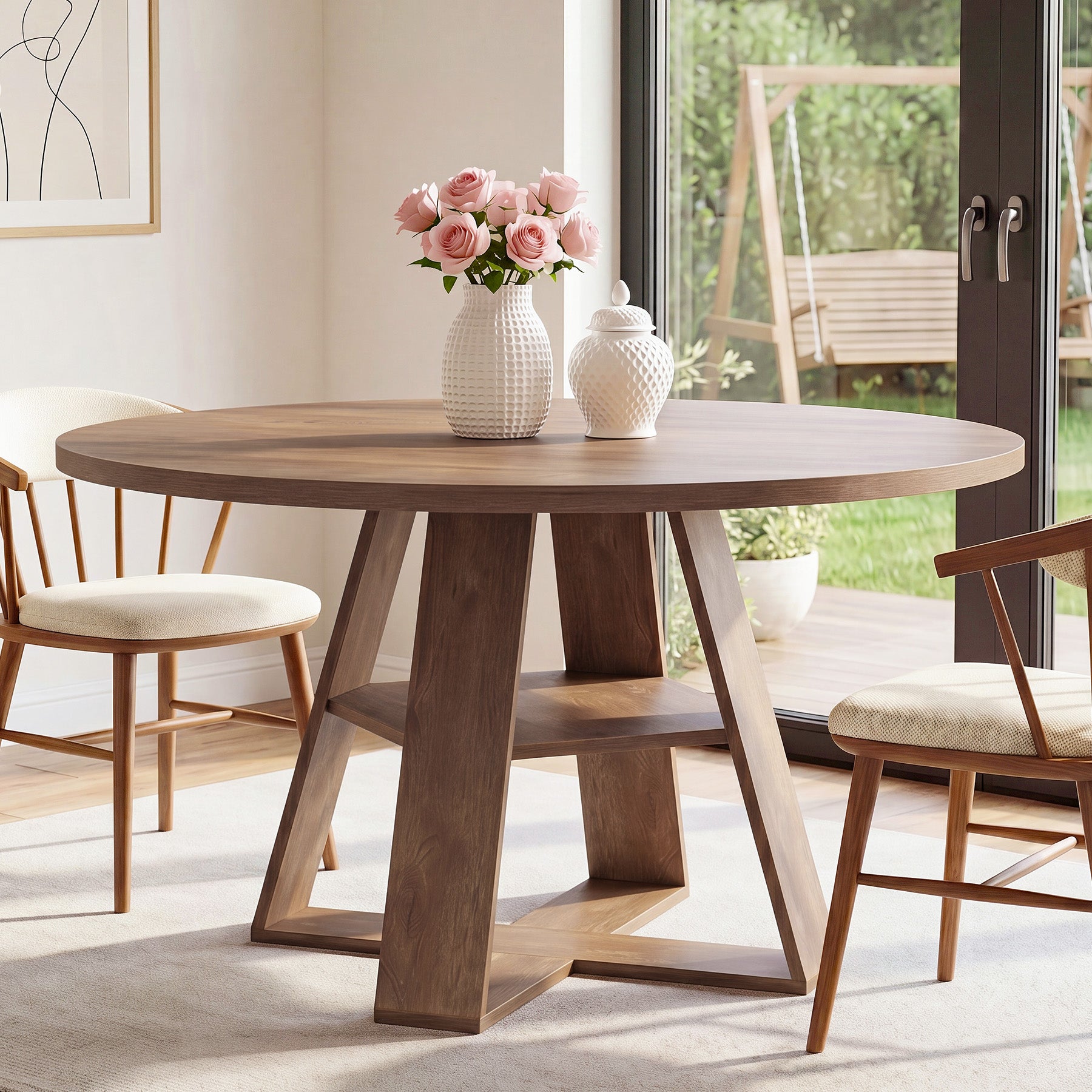 Tribesigns 47.24-Inch Round Dining Table for 4-6, Modern Farmhouse Kitchen Table with X-Cross Pedestal Base and Storage Shelf for Dining Room