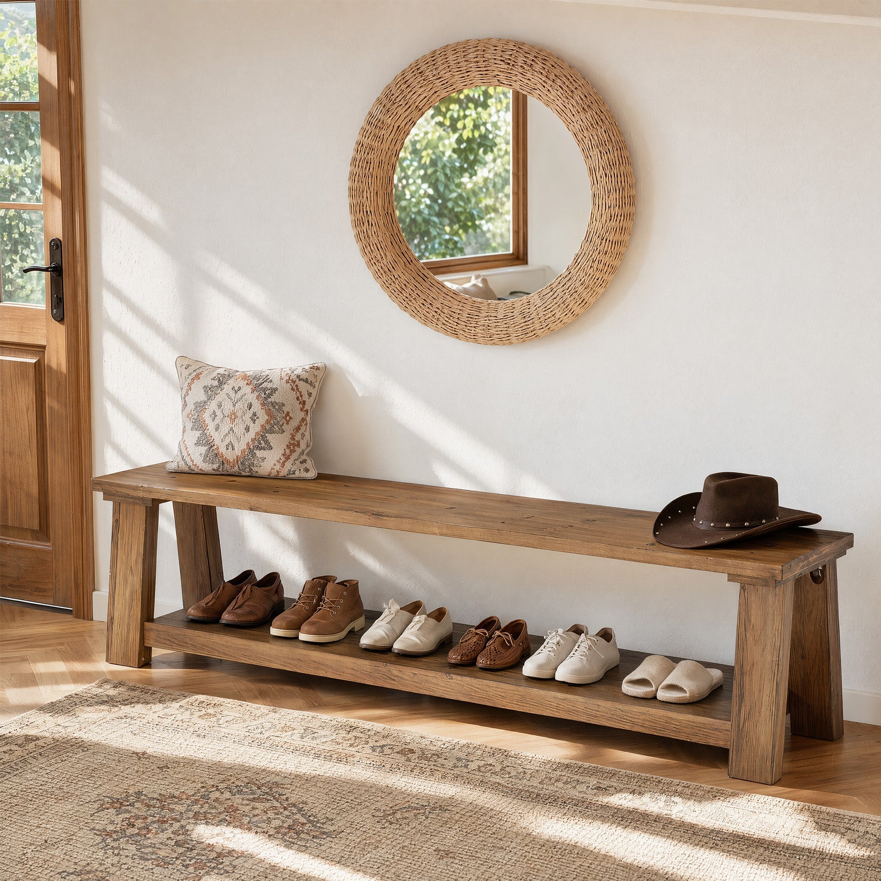70.9-Inch Solid Wood Shoe Bench with Storage Shelf, Farmhouse Entryway Seat for Hallway