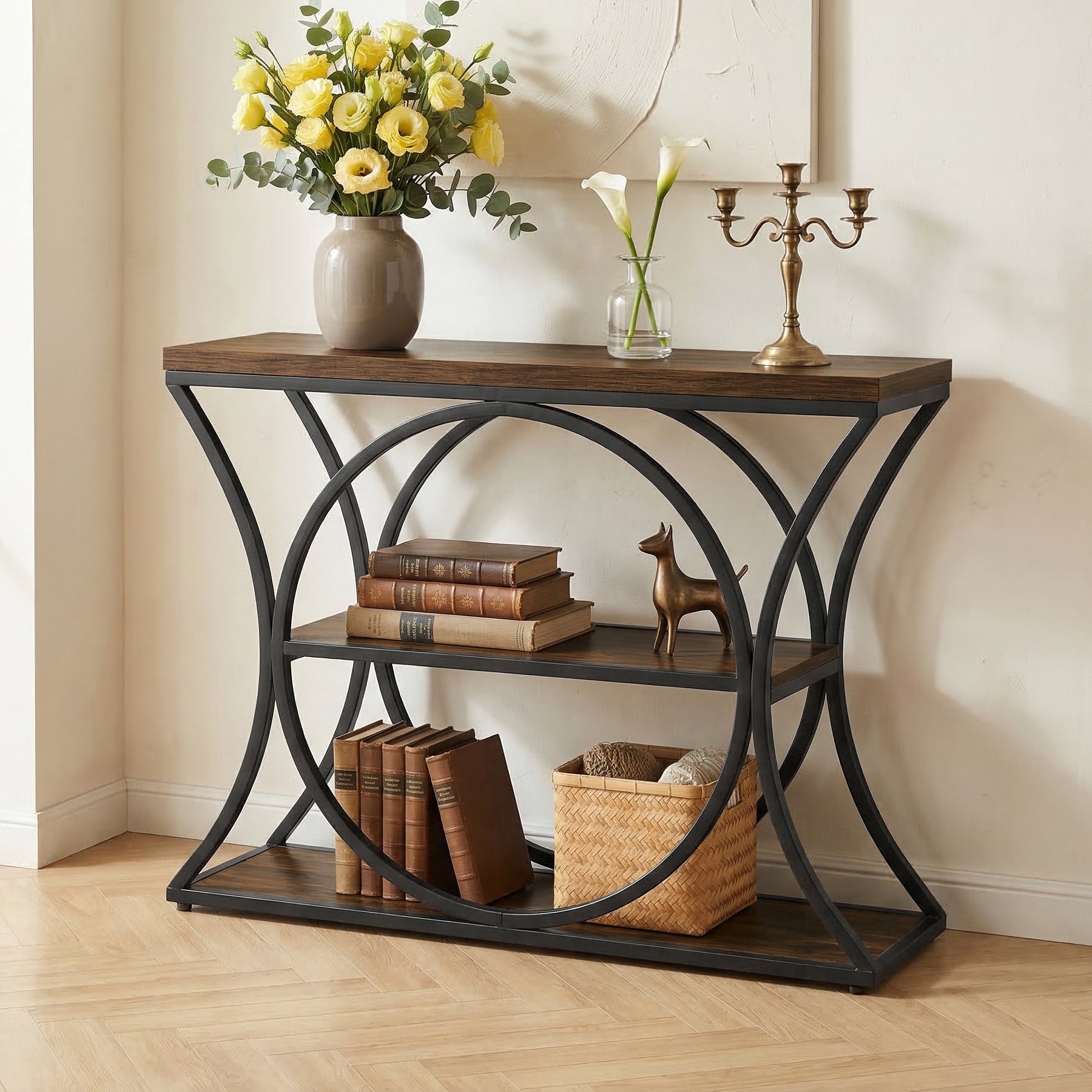 43.34" Industrial Console Table with 3-Tier Storage, Sofa Table for Living Room Hallway Behind Couch