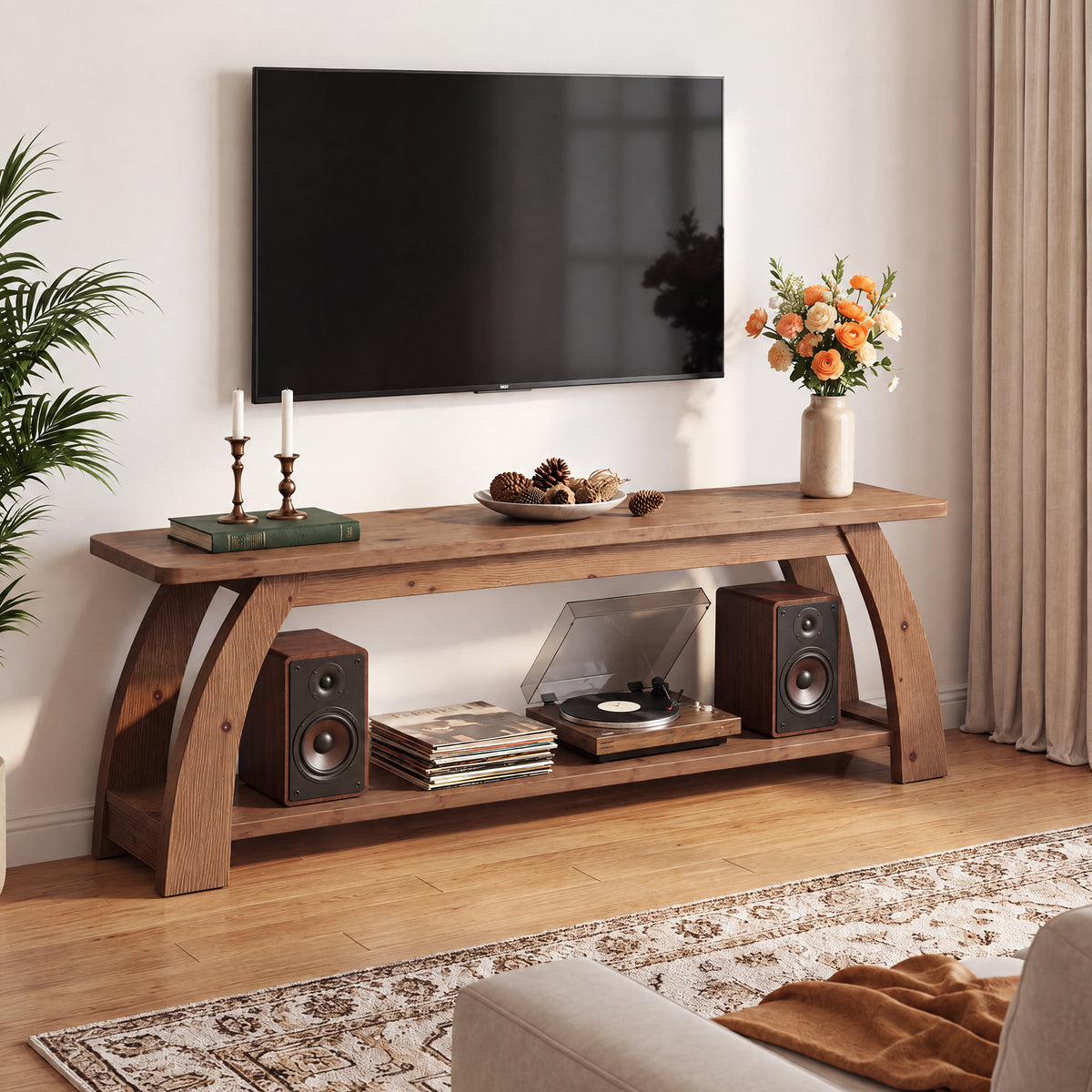 Tribesigns 63 Inch Solid Wood TV Stand for 75 Inch TVs, 2-Tier Farmhouse Media Console