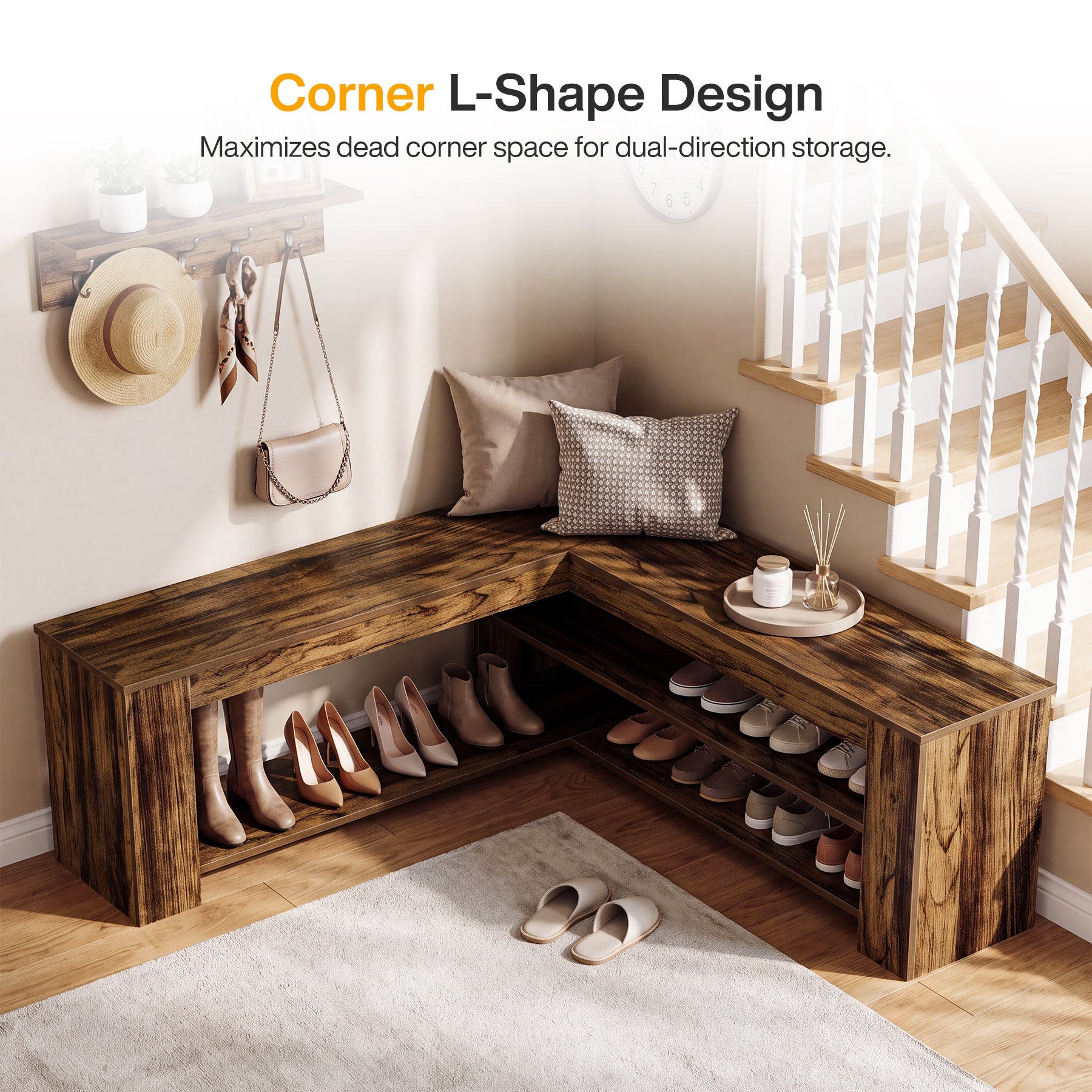 47.24 Inch L Shaped Storage Bench, Corner Entryway Shoe Bench with 2 Tier Rack for Home Foyer