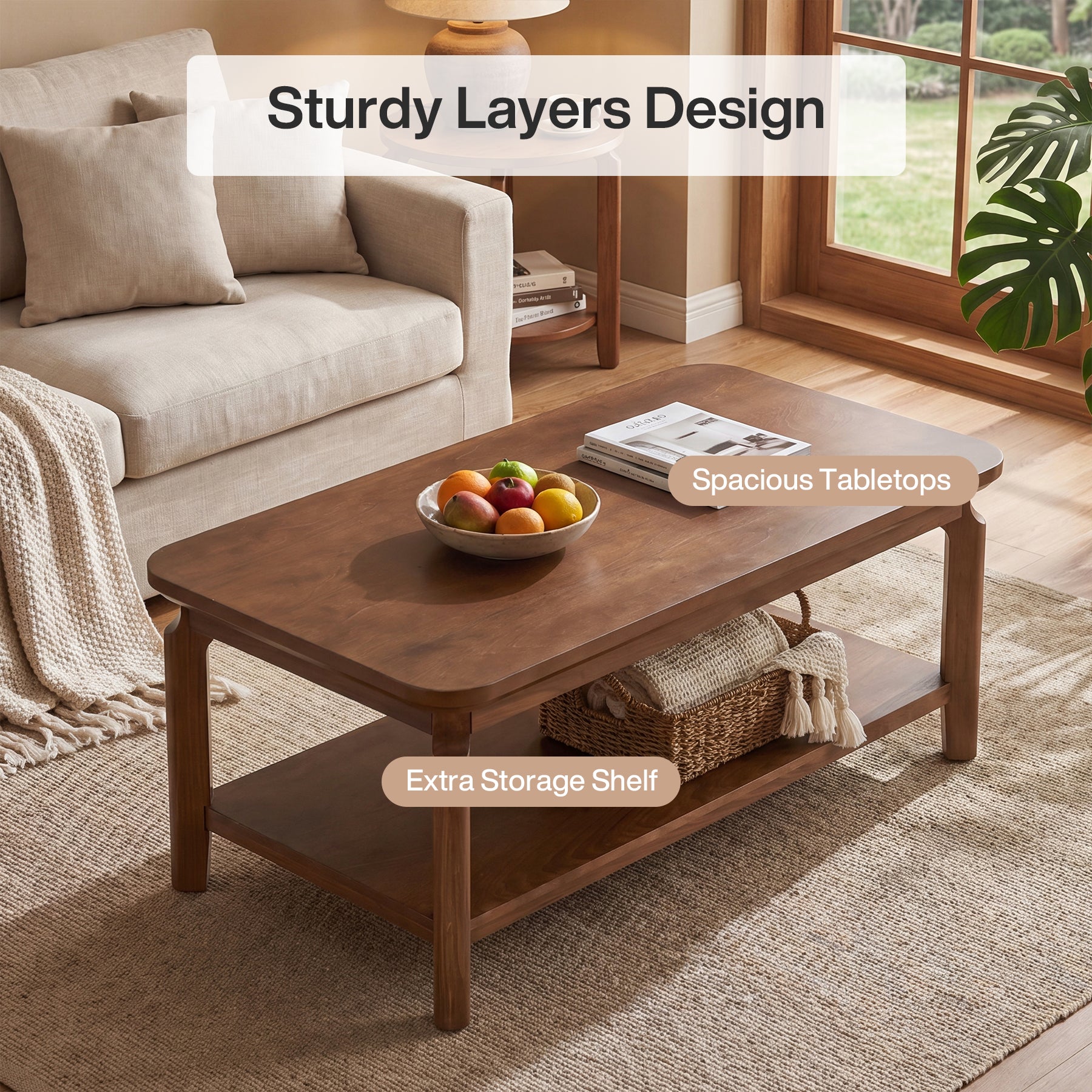 Tribesigns 47-Inch Coffee Table with Open Shelf, Rounded-Corner Center Table for Living Room