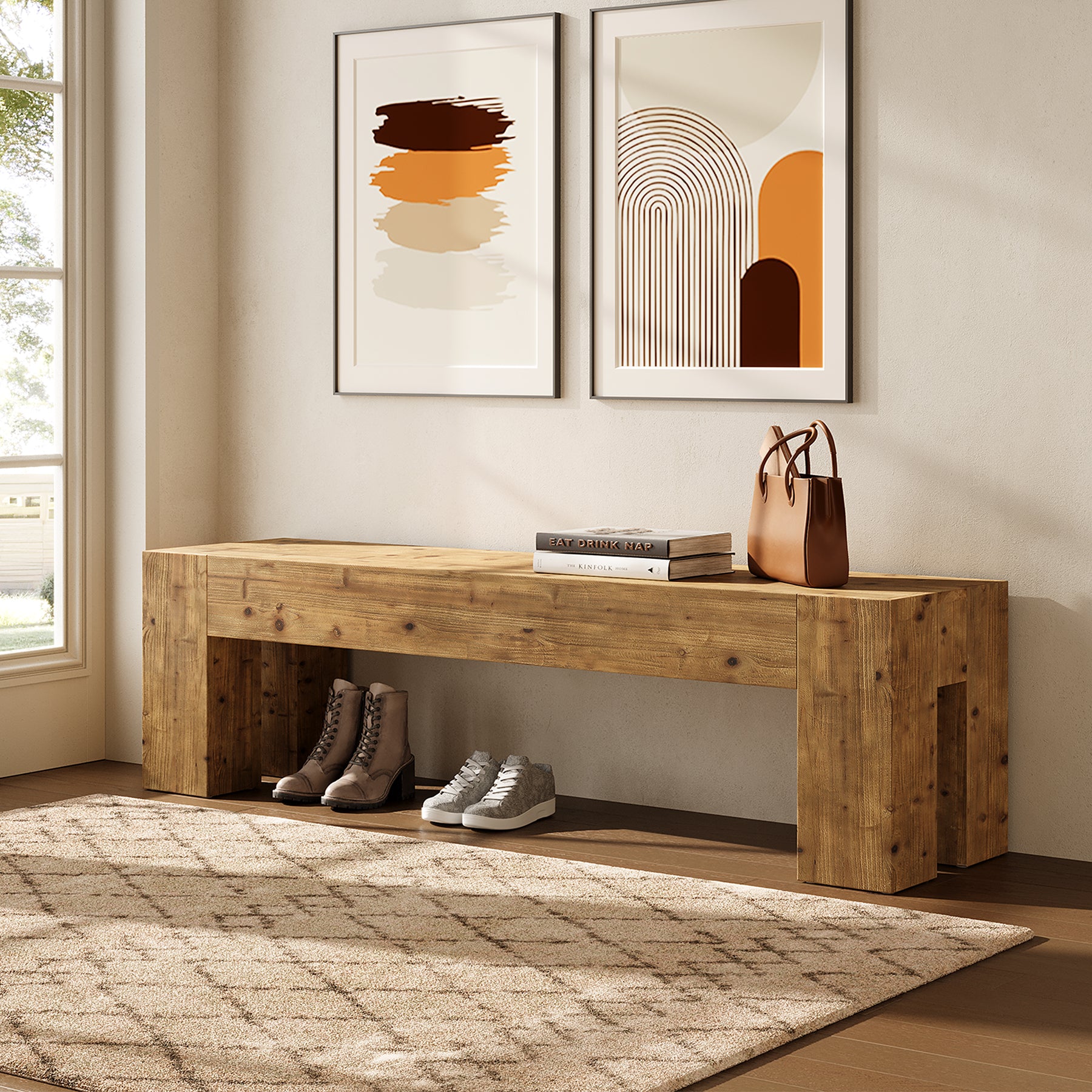 Tribesigns 63-Inch Solid Wood Entryway Bench with Sturdy Frame, Rustic Farmhouse Long Bench for Hallway Living Room and Bedroom