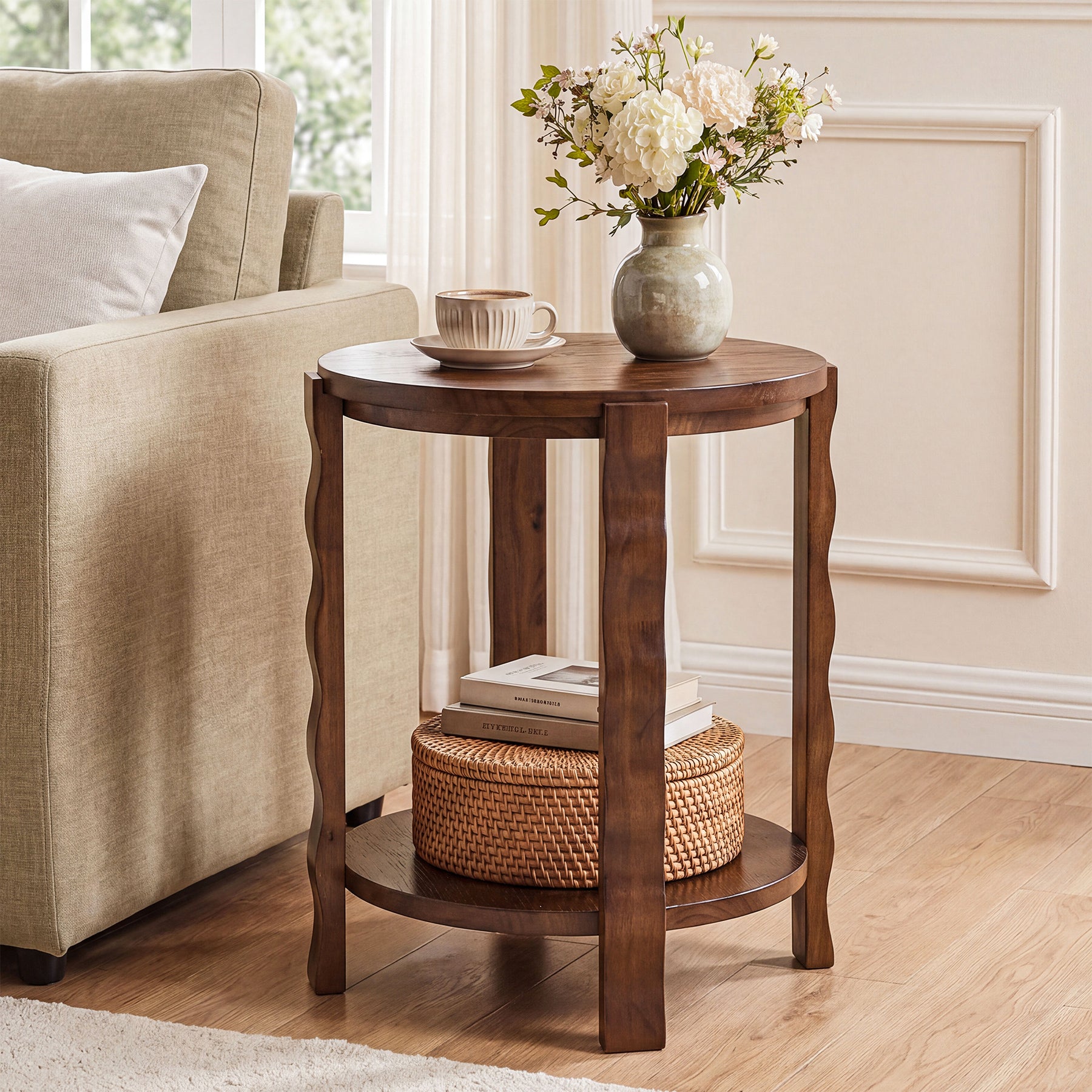 Tribesigns 19.69-Inch Round Side Table with 2-Tier Storage, Solid Wood End Table for Living Room