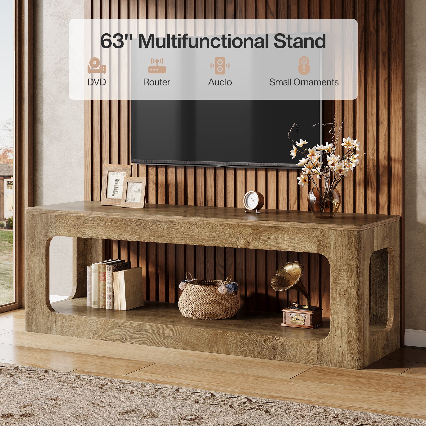 Tribesigns 63-Inch Farmhouse TV Stand with Circle Cutouts, 2-Tier Media Console for Living Room