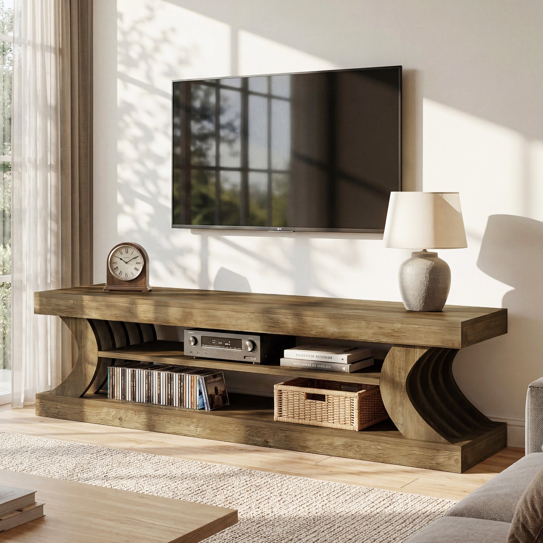 Tribesigns 63-Inch Farmhouse TV Stand with 3-Tier Storage, Curved Media Console for Living Room