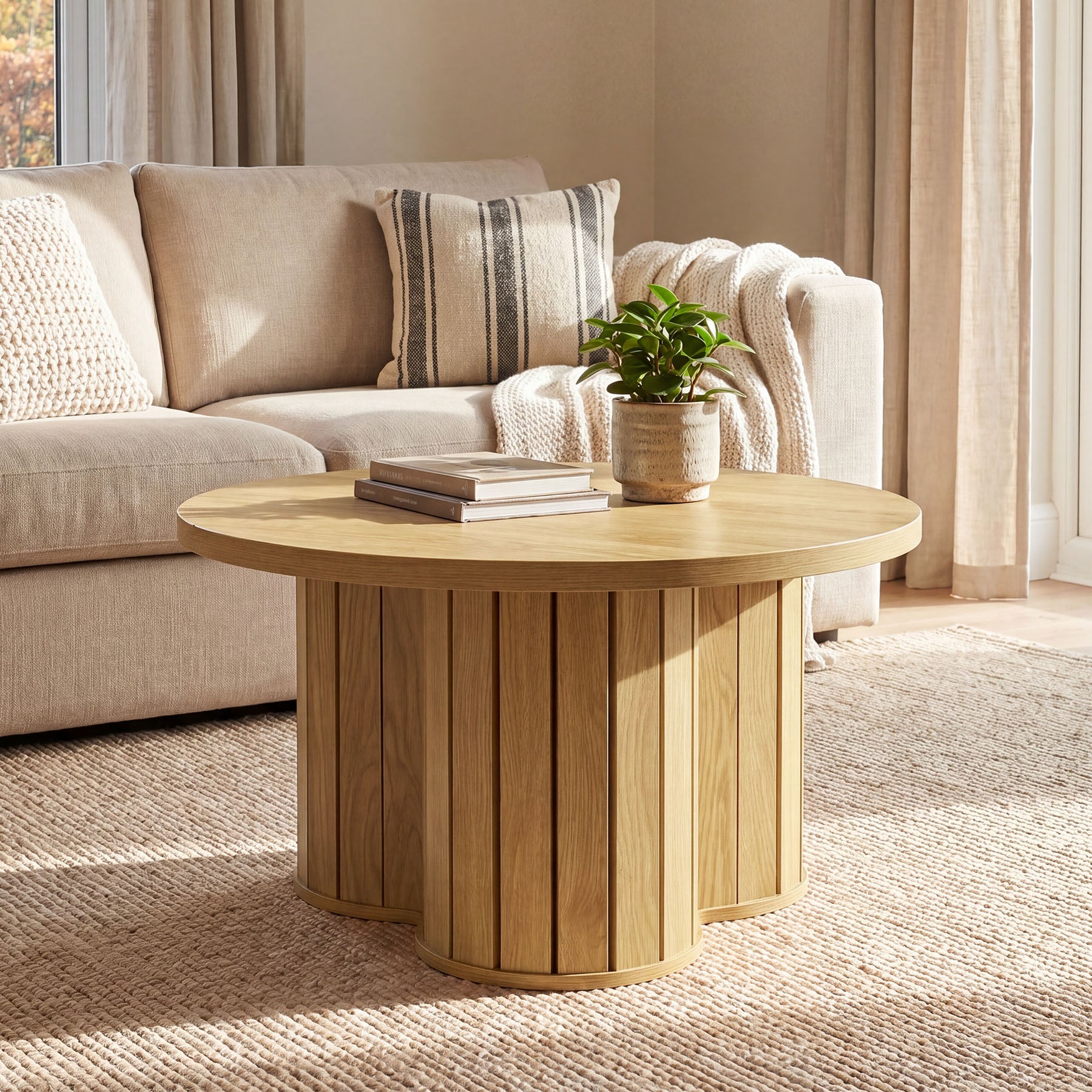 31.5-Inch Round Coffee Table, Wooden Circle Center Table with Fluted Three-Lobed Base for Living Room Apartment