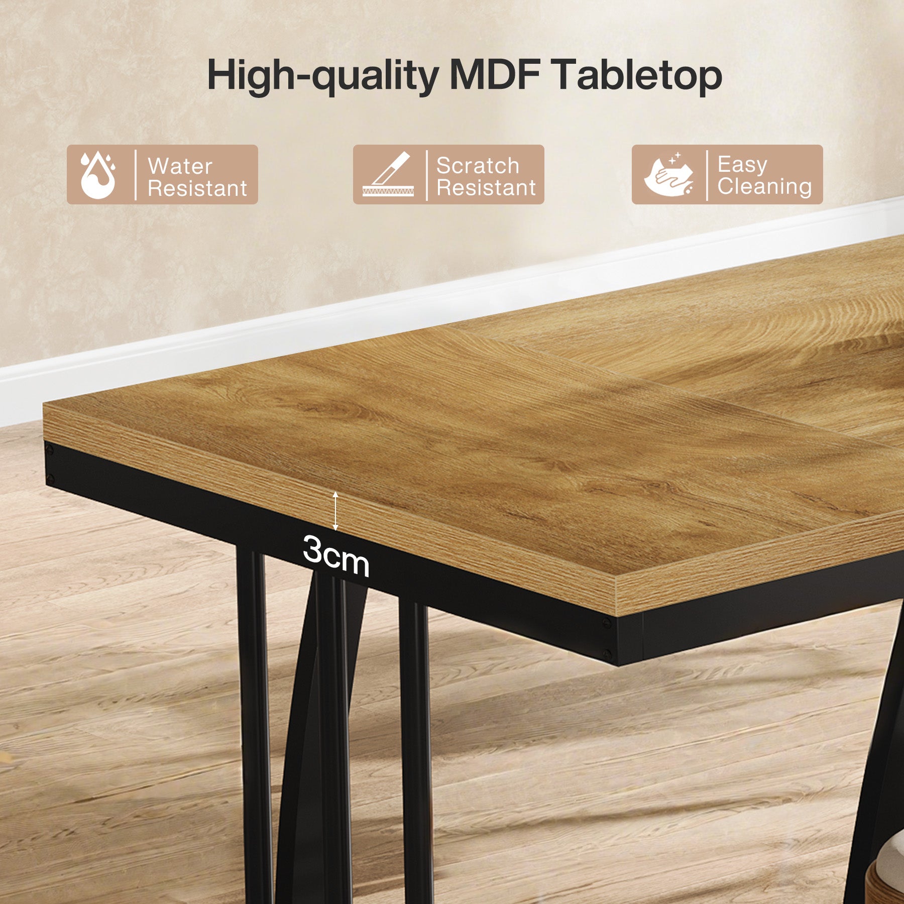 6-Seater Rustic Dining Table, 63" Rectangular Wood Table with Metal Frame for Dining Room