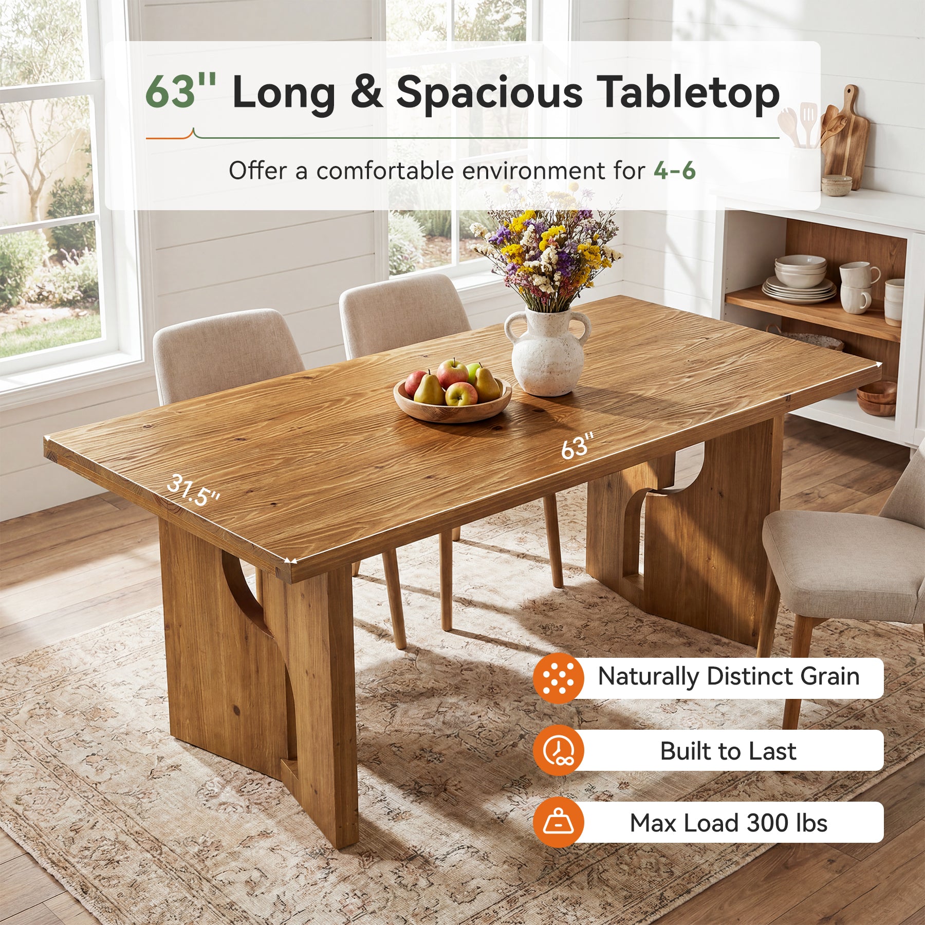 Tribesigns 63-Inch Solid Wood Dining Table with Cutout Bases, Farmhouse Table for Dining Room