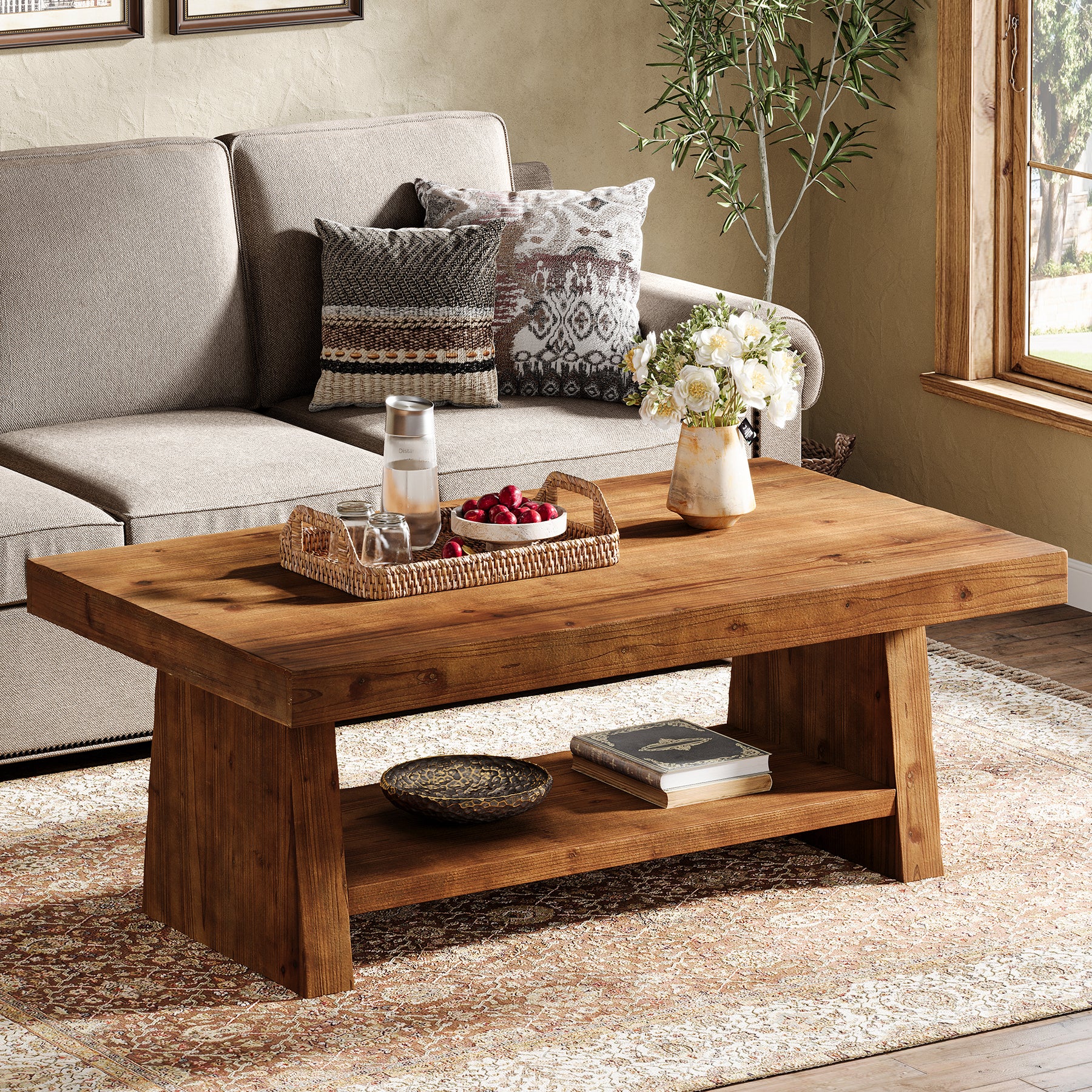 47 Inch Solid Wood Coffee Table, 2 Tier Farmhouse Center Table for Living Room