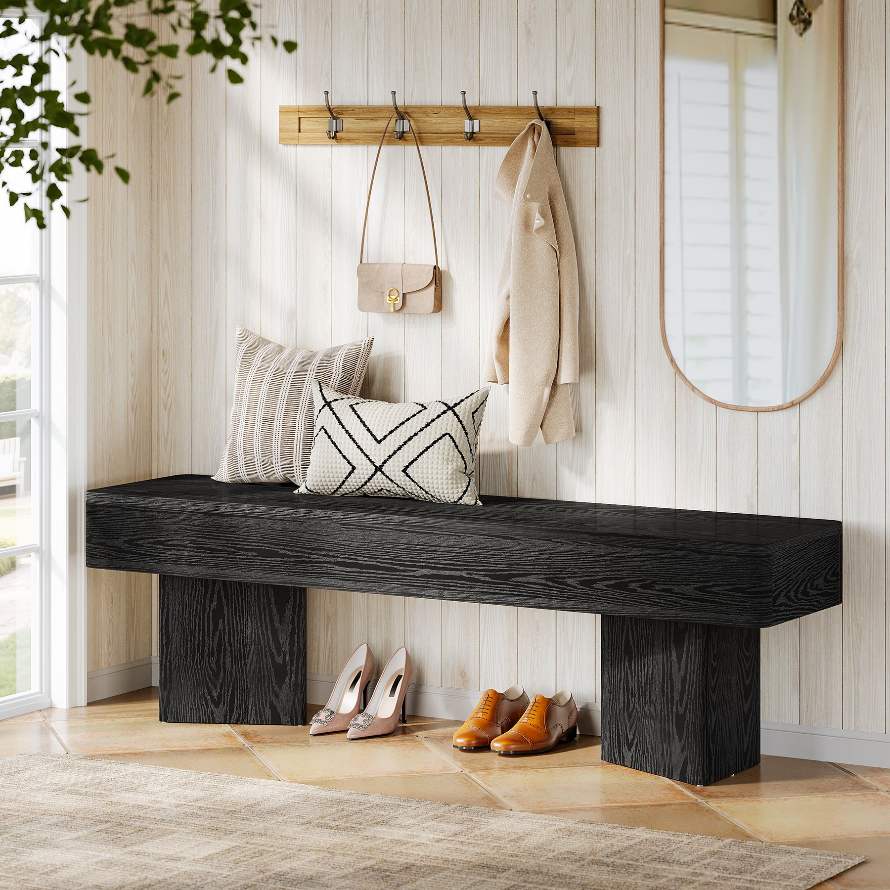 47.24-Inch Modern Indoor Bench with Black Finish and Rounded Edges，Modern Wooden Bench for Entryway