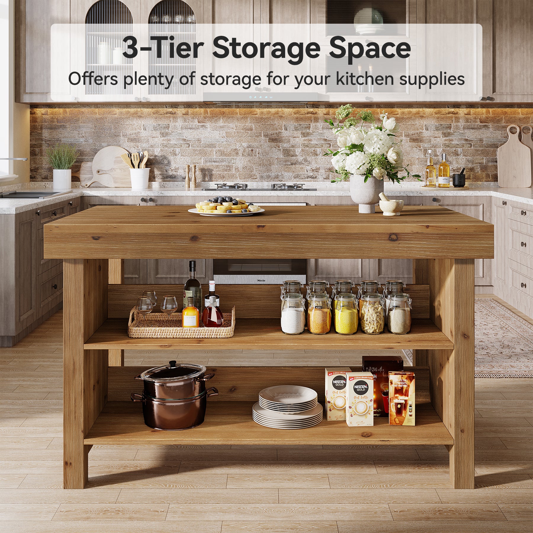 Tribesigns Solid Wood Kitchen Island Table with 2-Tier Open Storage Shelves, Farmhouse Stationary Island Table with Seating for Kitchen and Dining Room