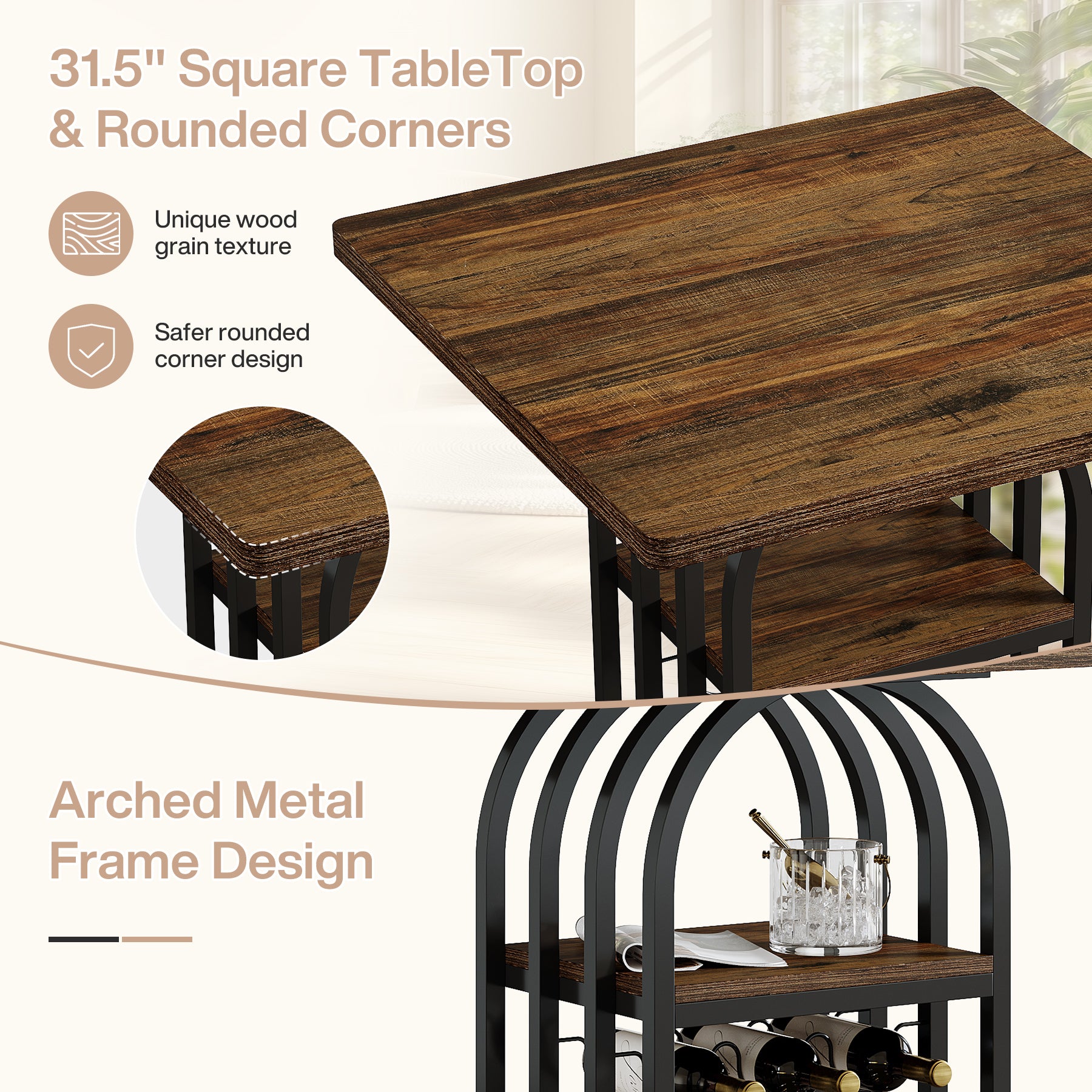 Tribesigns 35.43-Inch Square Bistro Pub Table with Wine Rack, Home Bar Table for Kitchen and Living Room