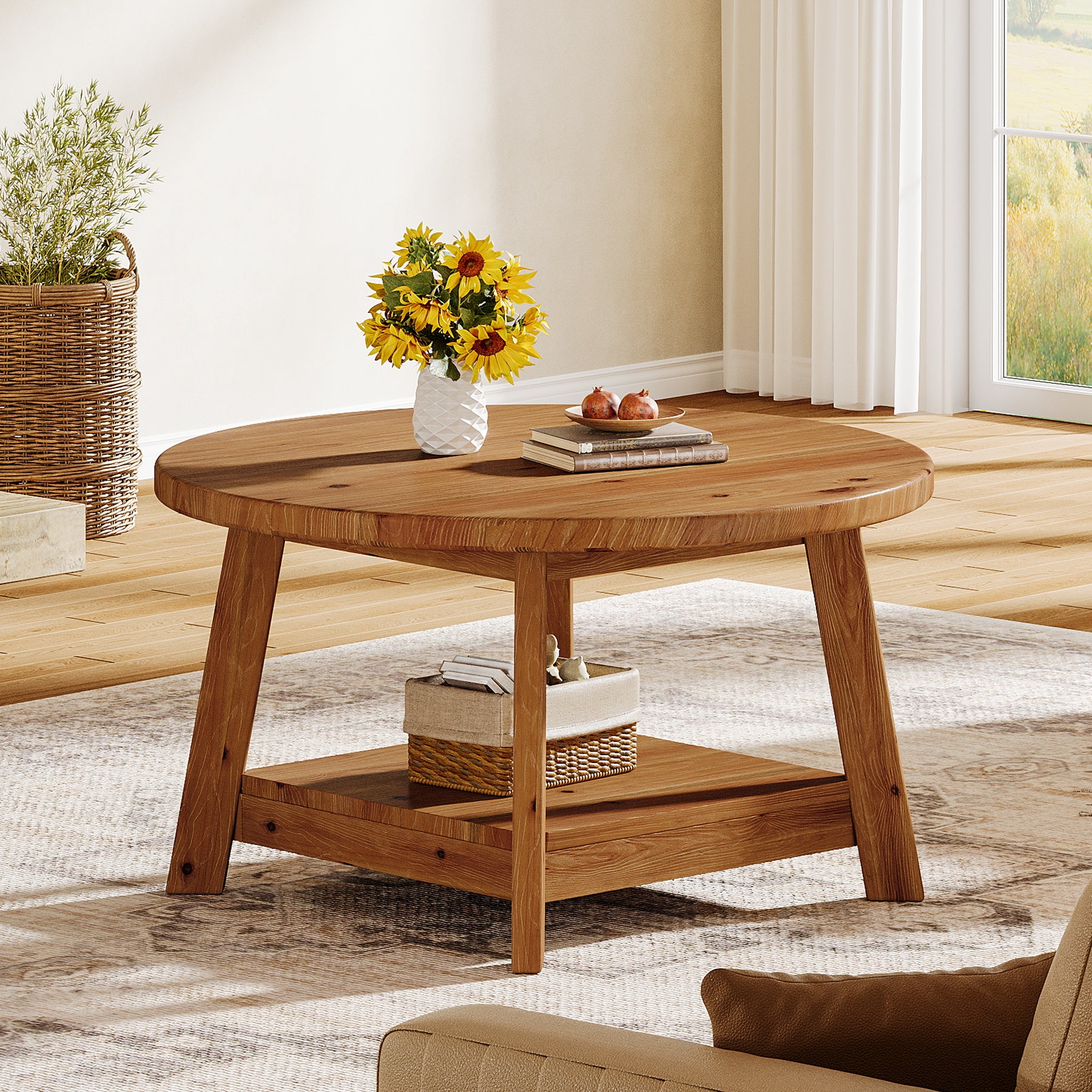 Rustic Round Coffee Table, 31.5-Inch Two-Tier Design with Tapered Wooden Legs