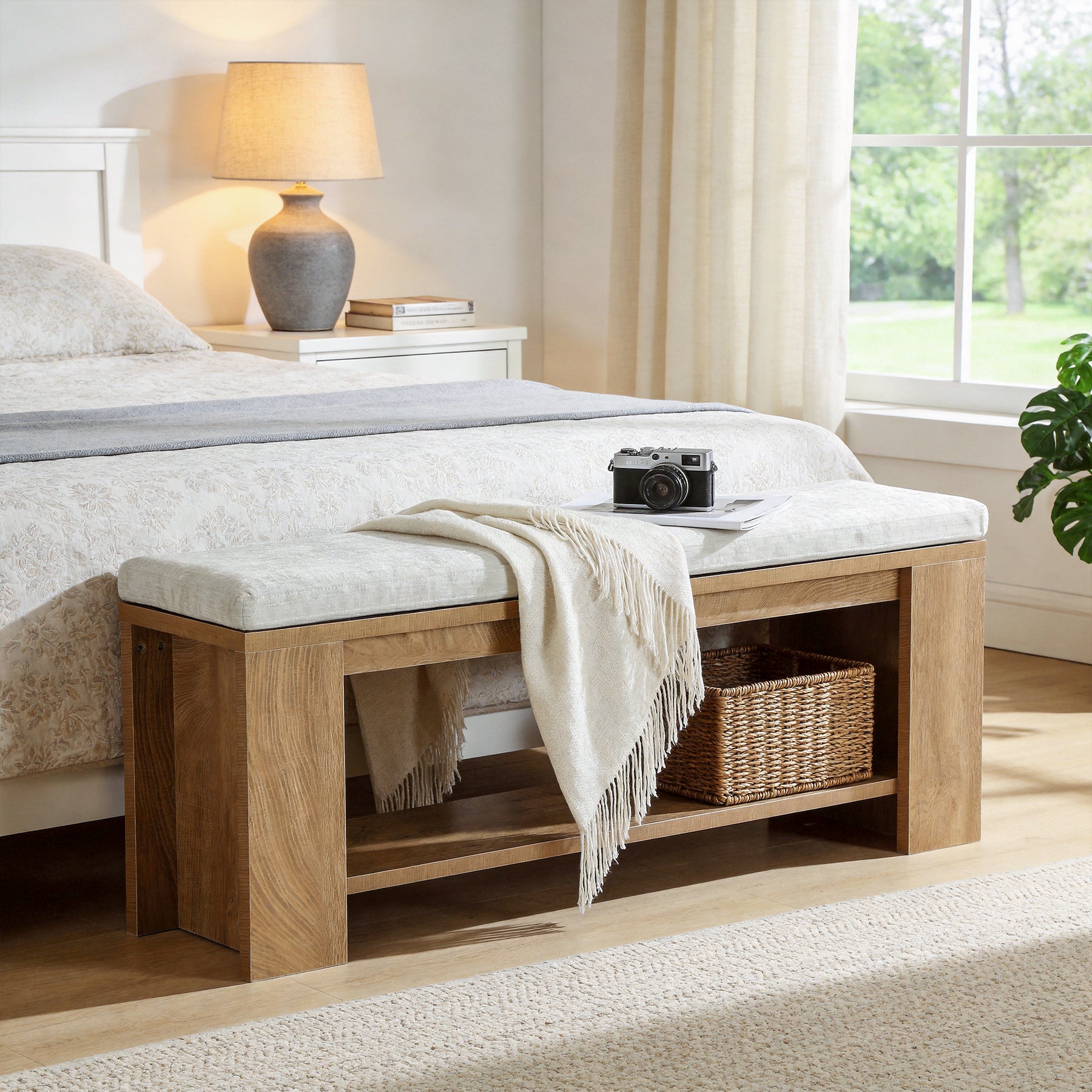 Tribesigns 47.24-Inch Upholstered Hallway Bench with Padded Seat, Farmhouse Bed Bench for Bedroom