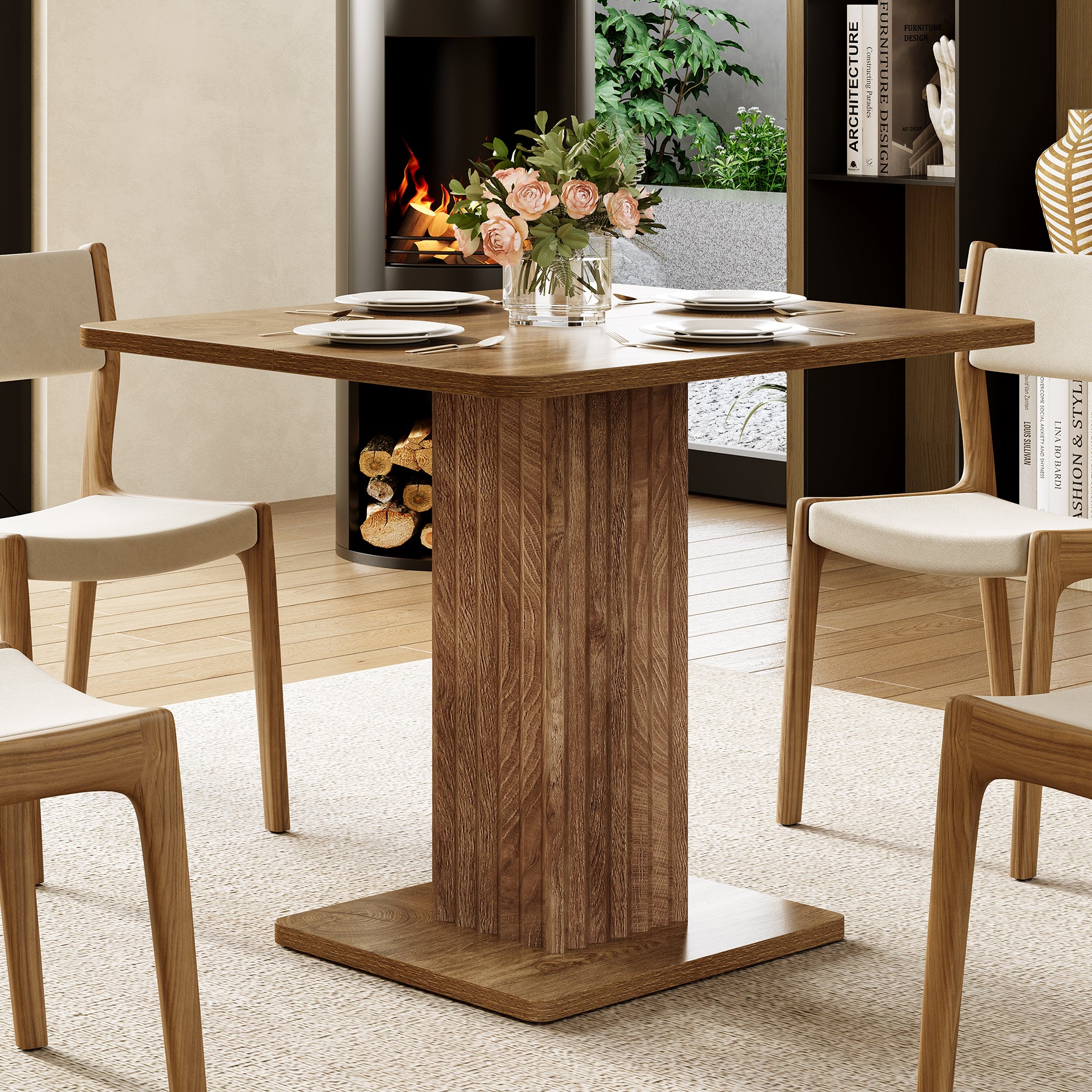 Tribesigns 35.43-Inch Small Dining Table with Fluted Pedestal Base, Modern Farmhouse Kitchen Table for 2-4 People
