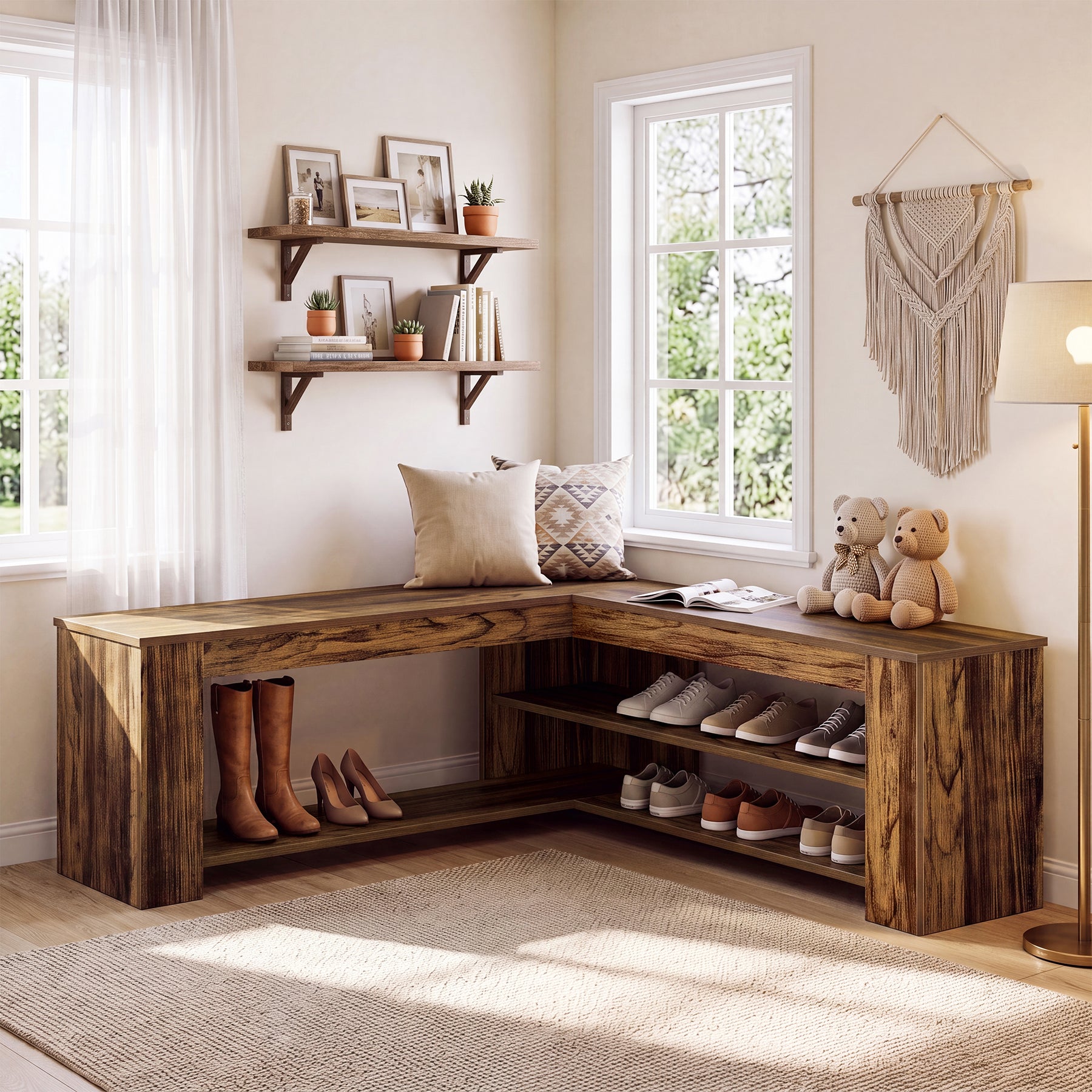 47.24 Inch L Shaped Storage Bench, Corner Entryway Shoe Bench with 2 Tier Rack for Home Foyer