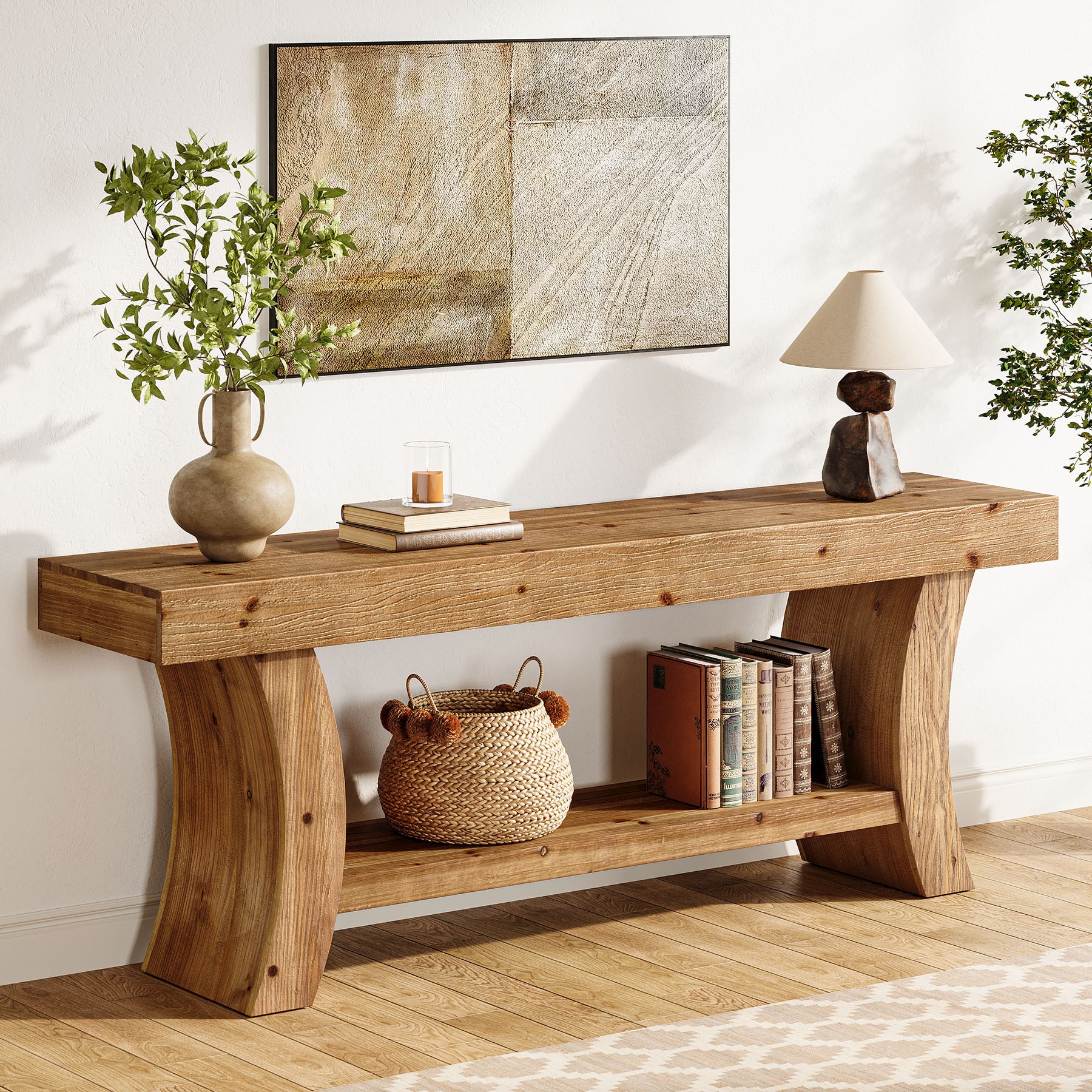 Tribesigns 63-Inch Solid Wood Console Table with Curved Legs and Storage Shelf, Farmhouse Sofa Table for Entryway Living Room and Behind Couch