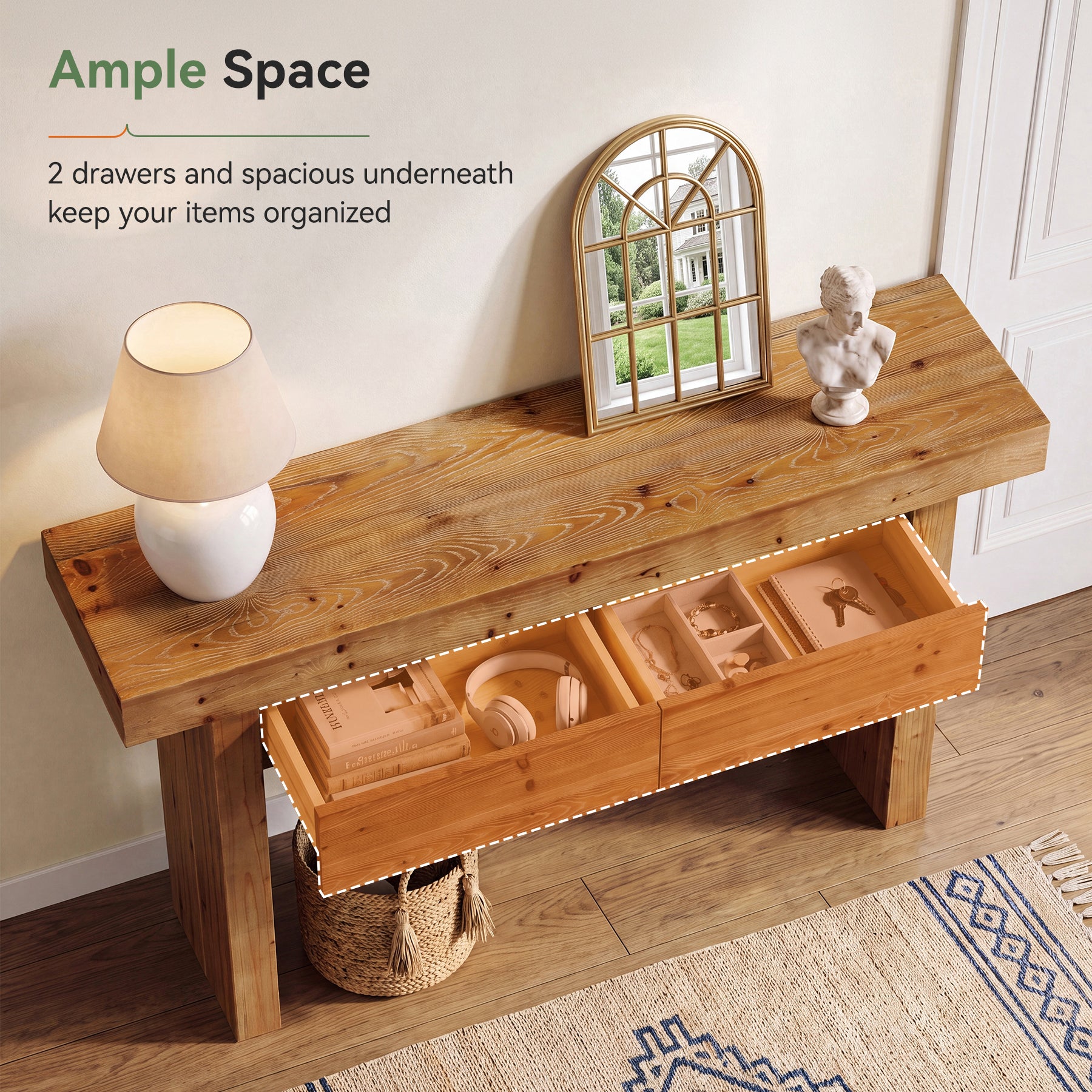 63 Inch Fir Wood Console Table with 2 Hidden Drawers, Narrow Entryway Table for Hallway