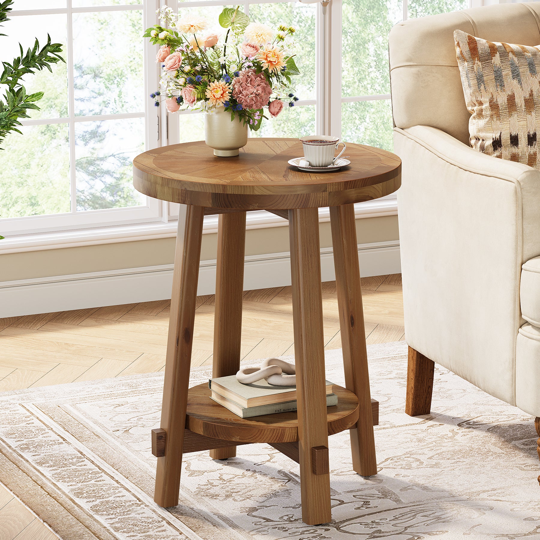 Tribesigns 19.7-Inch Solid Wood Side Table with 2-Tier Shelf, Round Farmhouse Table for Living Room