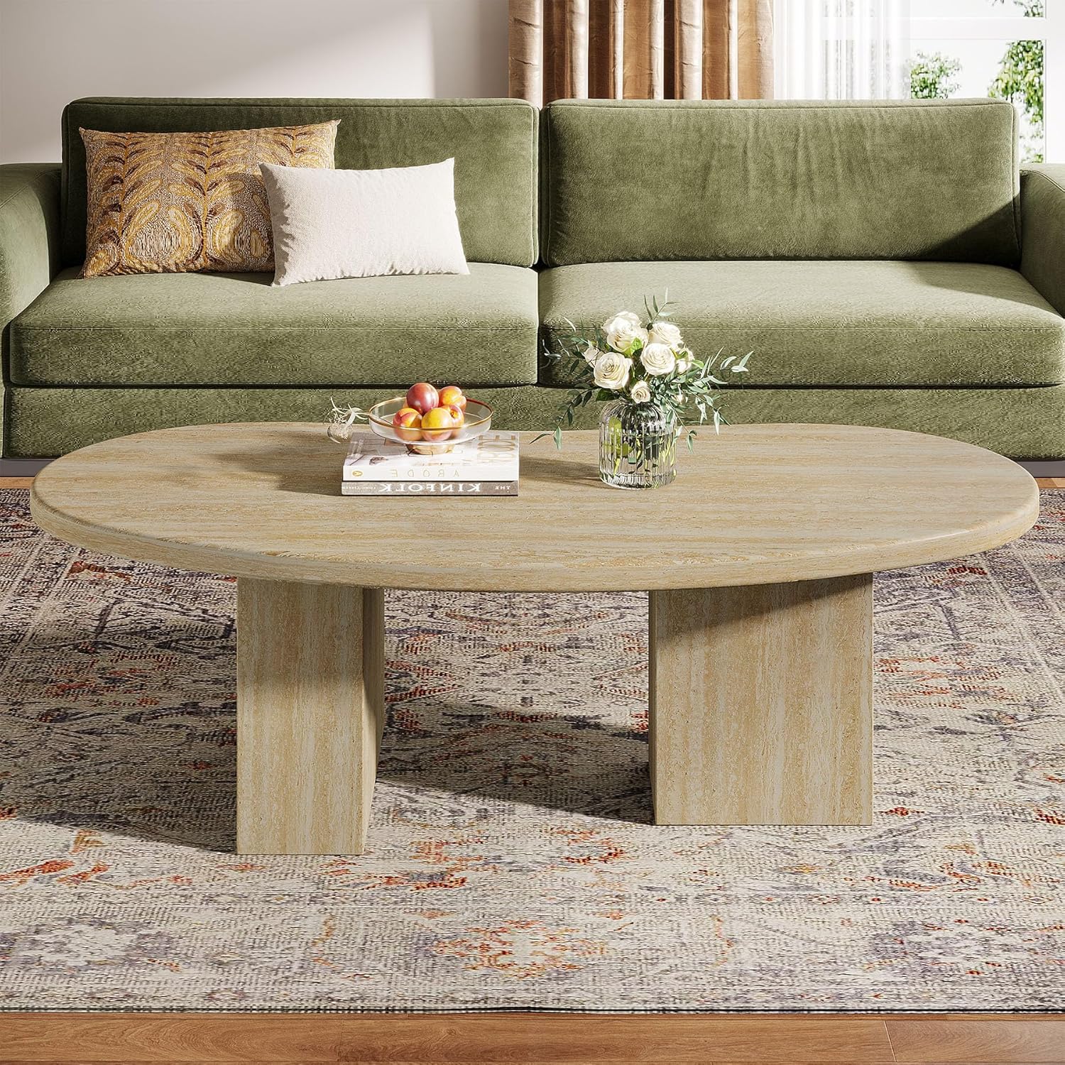 45.28" Oval Oak Coffee Table - Large Asymmetric Pedestal Cocktail Table in Engineered Wood for Living Room