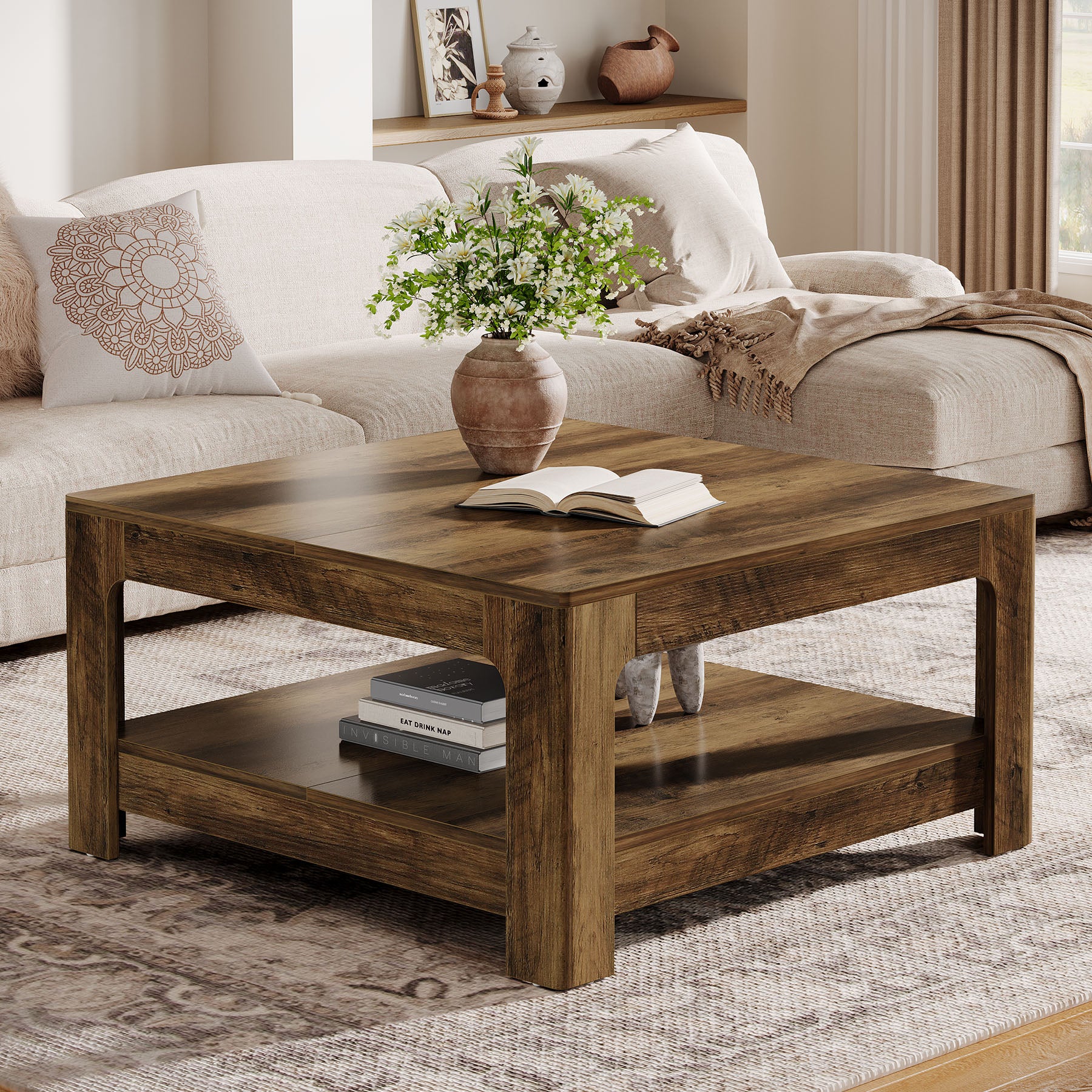 Tribesigns 39.4-Inch Square Coffee Table, Large Farmhouse Center Table with Storage Shelf for Living Room